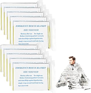 10 Pièces Couverture de Survie Reutilisable, Couvertures Thermiques d'urgence Indéchirable & Imperméable pour l'extérieur, Randonnée, Survie, Marathons, Premiers Secours Or/Argent 160 x 210cm