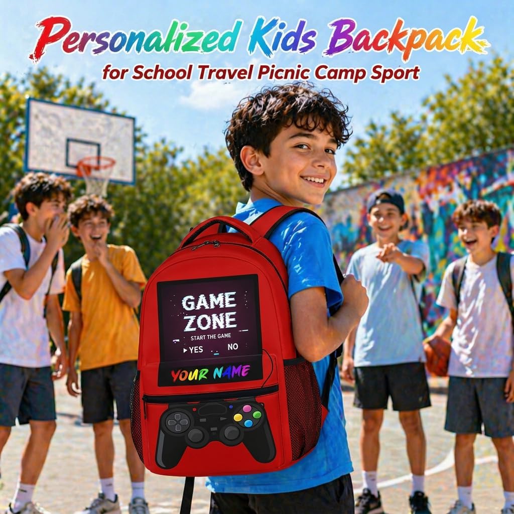 School Backpack for Boys School, Custom Gamer Bookbag for Kids Kindergarten Elementary Primary Middle College, 17 Inch Large Capacity Personalized Gaming Daypack for Travel Work Hiking