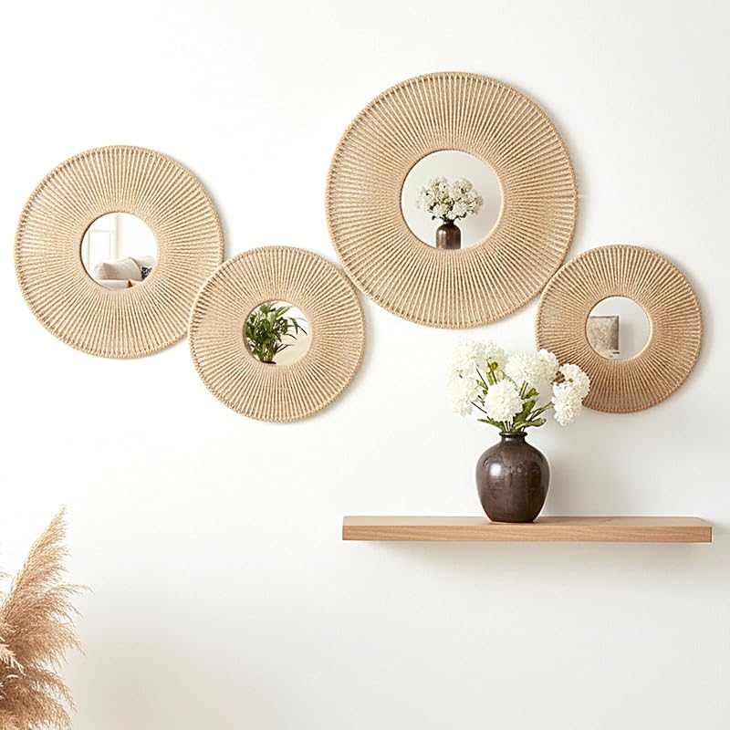 Oqqlin 4 Pcs Boho Mirror Wall Hanging Decor, 11.8 Inch/9.8 Inch Boho Woven Wall Mirrors Rustic Round Mirror Decor for Bedroom, Living Room, Hone, Hotel