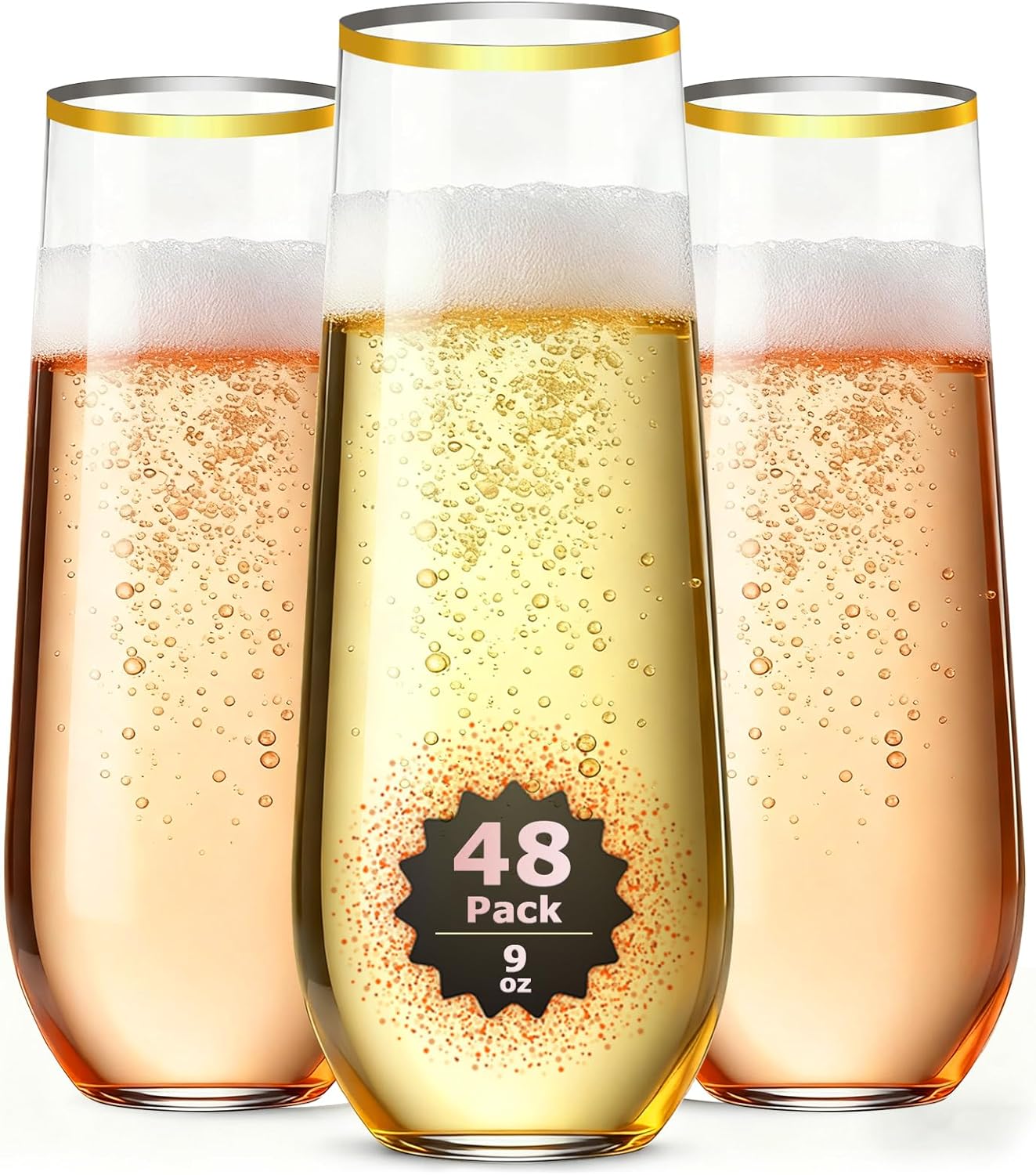 48 Pack Gold Rim Stemless Champagne Flutes, 9 oz Clear Disposable Plastic Glasses, Heavy Duty Shatterproof Recyclable Mimosa Glasses for Party Wine Tasting Wedding New Years Eve Party Supplies