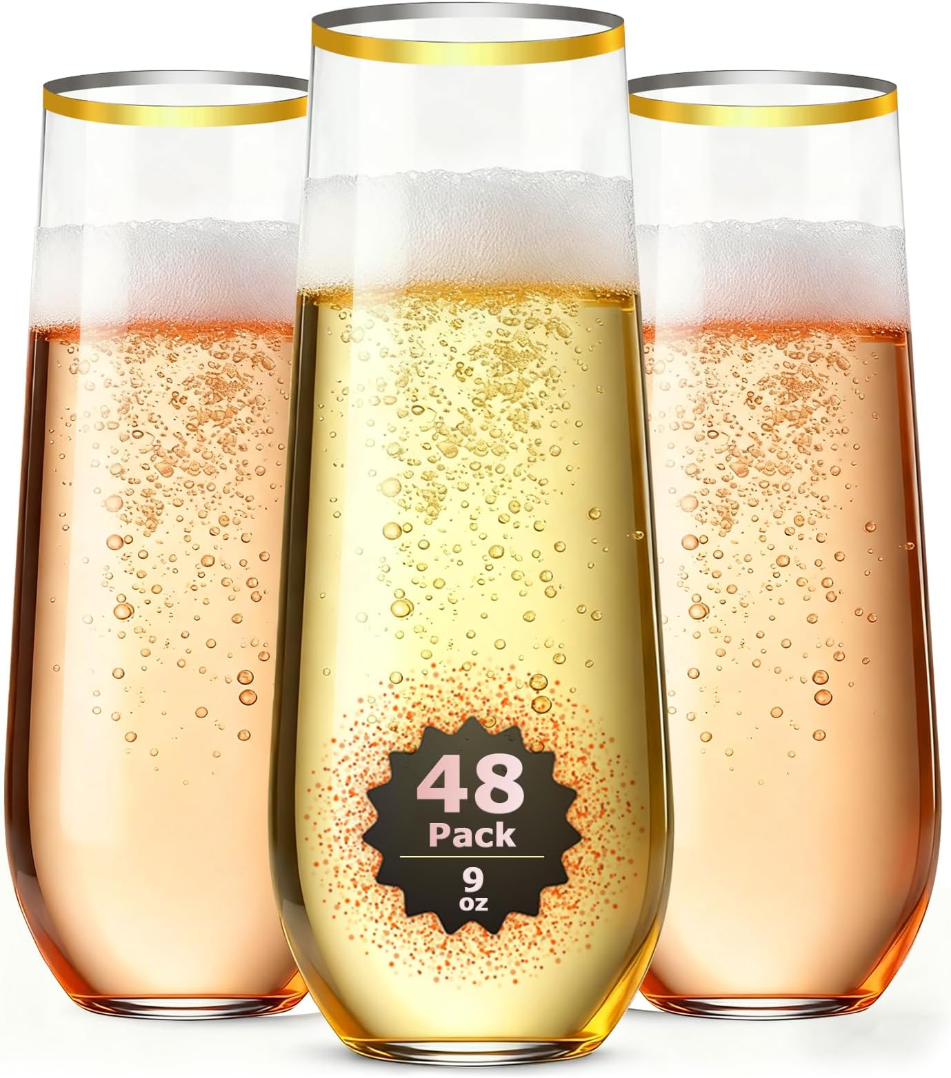 48 Pack Gold Rim Stemless Champagne Flutes, 9 oz Clear Disposable Plastic Glasses, Heavy Duty Shatterproof Recyclable Mimosa Glasses for Party Wine Tasting Wedding New Years Eve Party Supplies