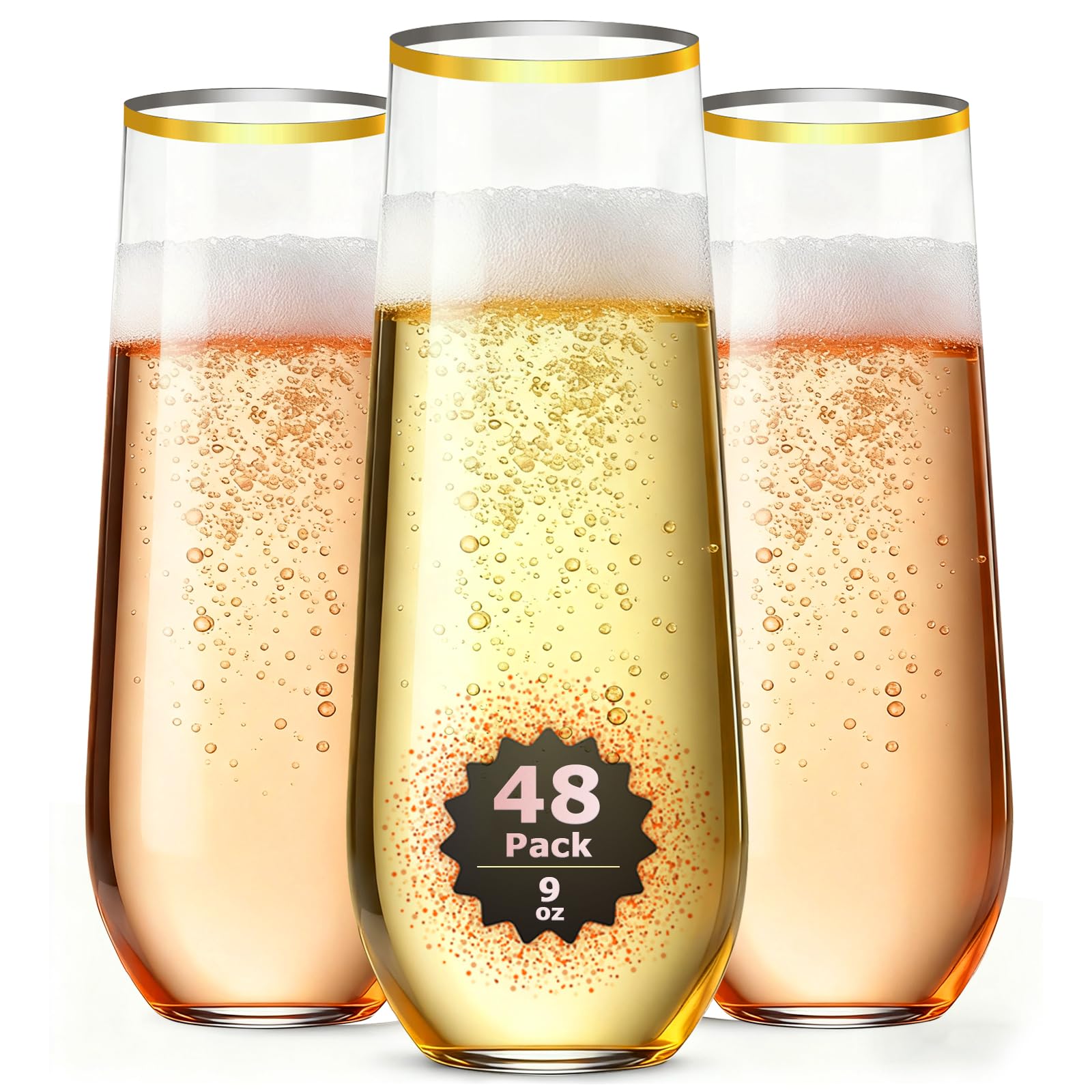 48 Pack Gold Rim Stemless Champagne Flutes, 9 oz Clear Disposable Plastic Glasses, Heavy Duty Shatterproof Recyclable Mimosa Glasses for Party Wine Tasting Wedding New Years Eve Party Supplies