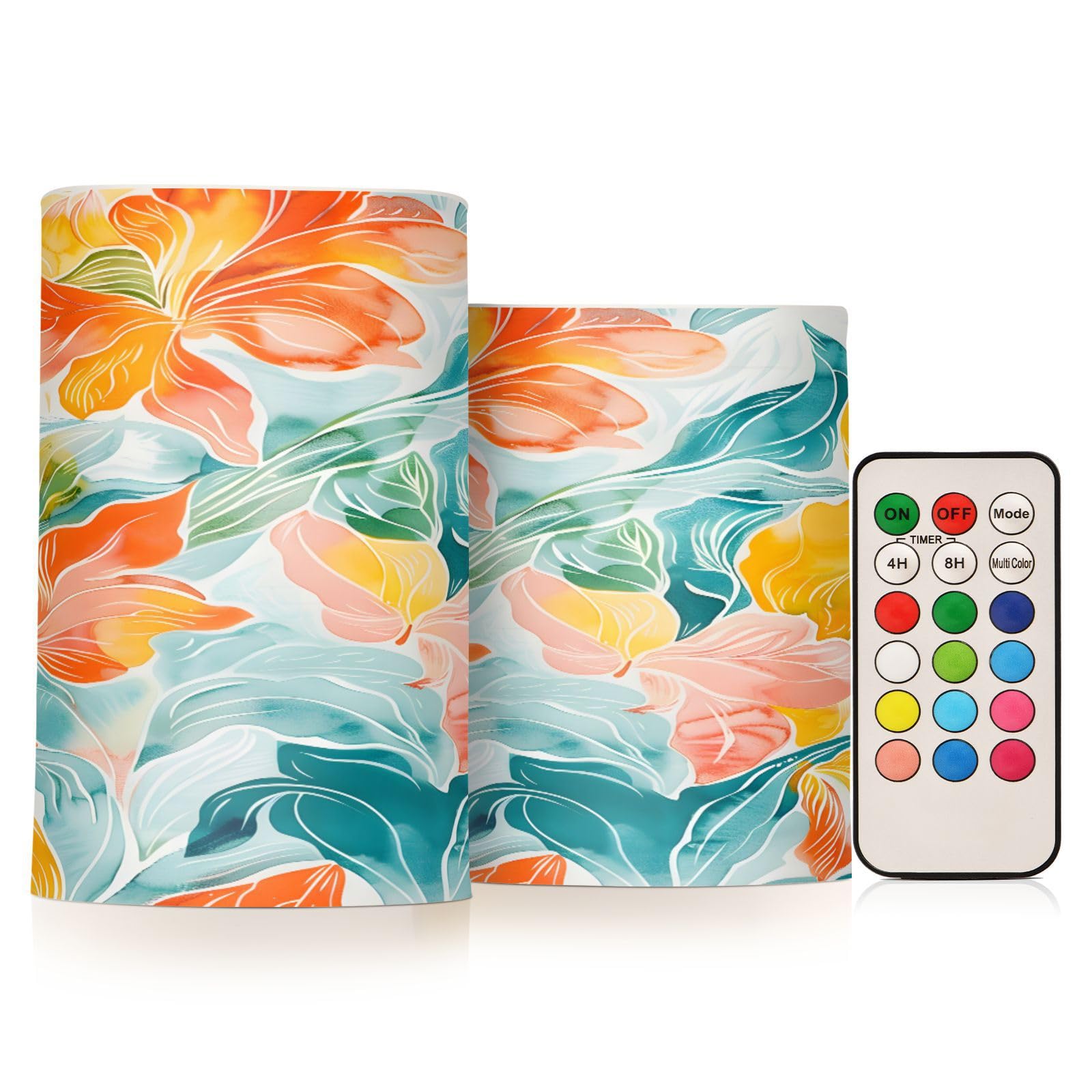 ALAZA White Orange Turquoise Painting Flickering Flameless Candles Battery Operated with Remote Timer,Tea Light Candles LED Pillar Votive Candles set of 2 for Outdoor Indoor Decorations