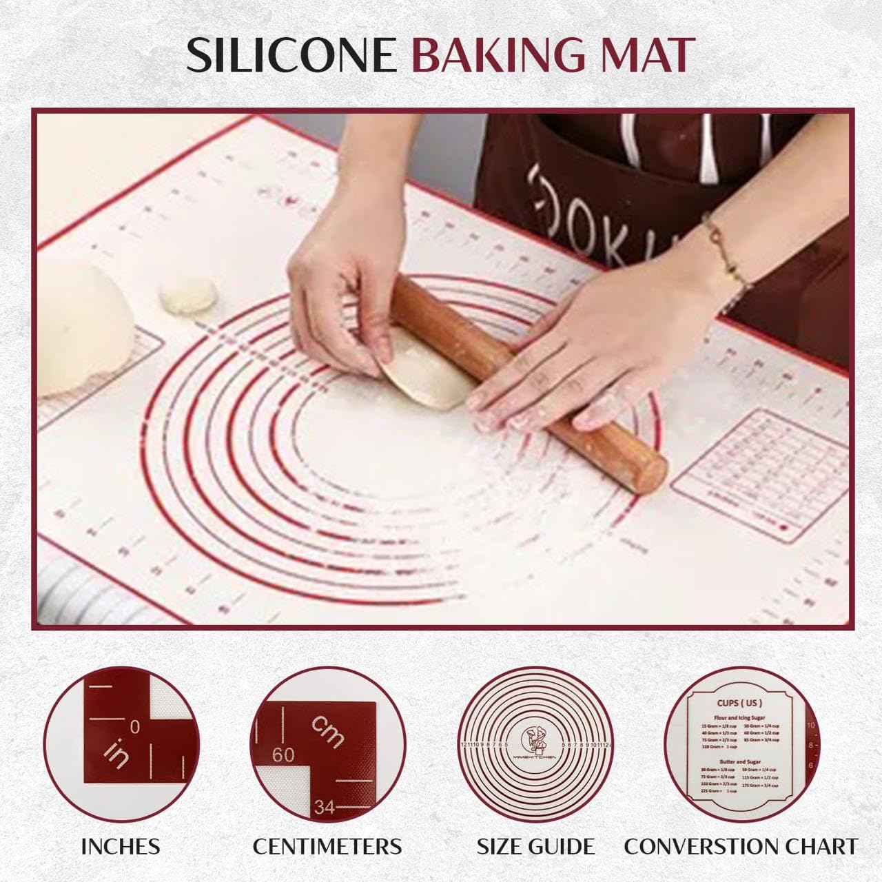 Silikon-Backmatte, extra groß (71,1 x 50,8 cm) mit Messanzeigern, rutschfest, Gebäckmatte für Teig, Kuchen, Kruste, Rollmatten für Kekse, Macarons, Brot, Backzubehör, 2 Stück