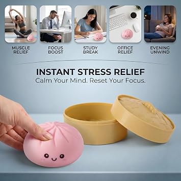 Dumpling Squishy Stress Relief Fidget Toy with Steamer Realistic Steamed Bun Sensory Squeeze, Cute Squishy Dumpling Desk Decor for Adults & Teens, Easter Gifts, Christmas & Birthday Gift (Pink)