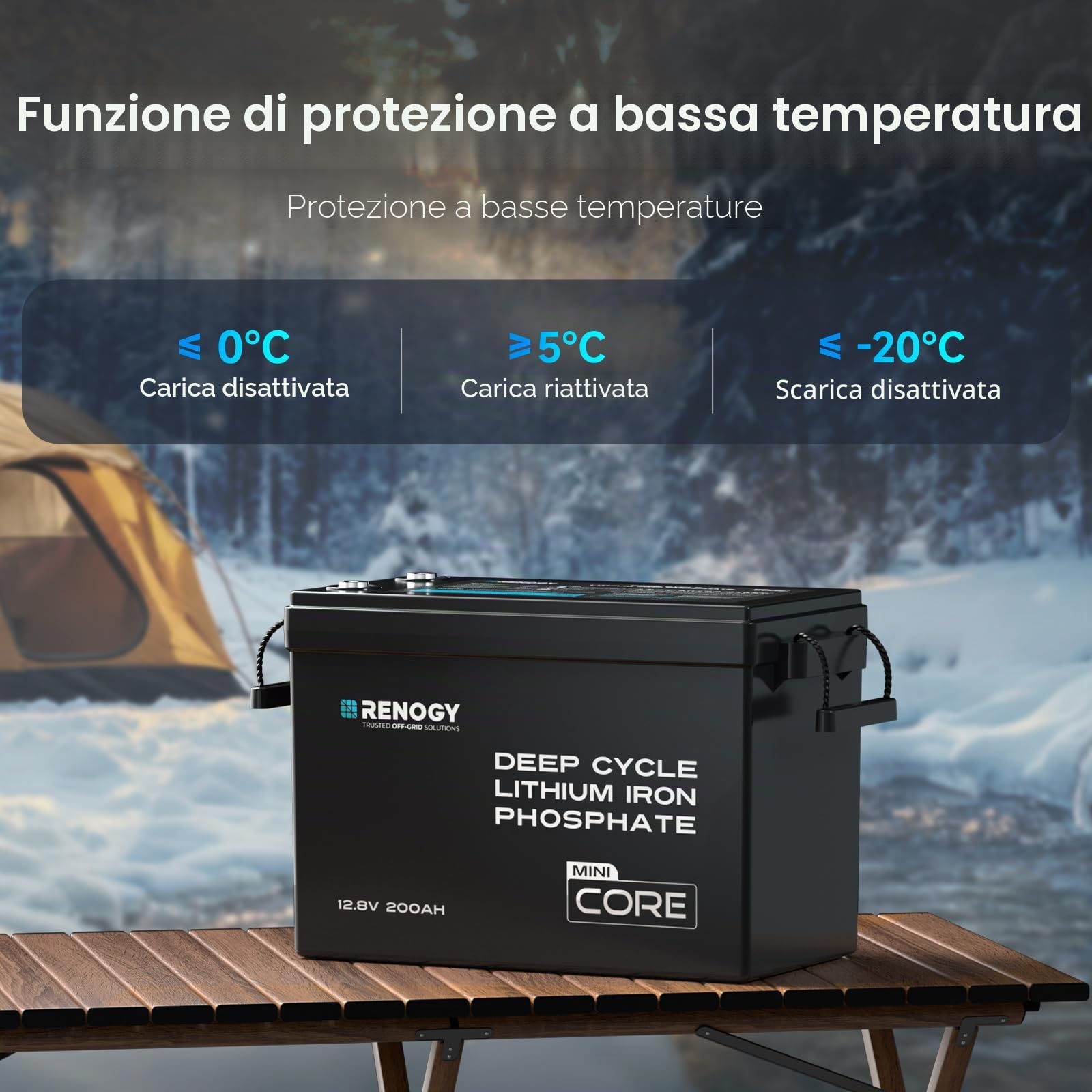 Renogy 12 V 200 Ah Core Mini LiFePO4 batteria al litio fosfato di ferro, migliorata 200 A, BMS 5000 cicli, funzione di protezione dal freddo, batteria al litio per camper, impianto solare, roulotte