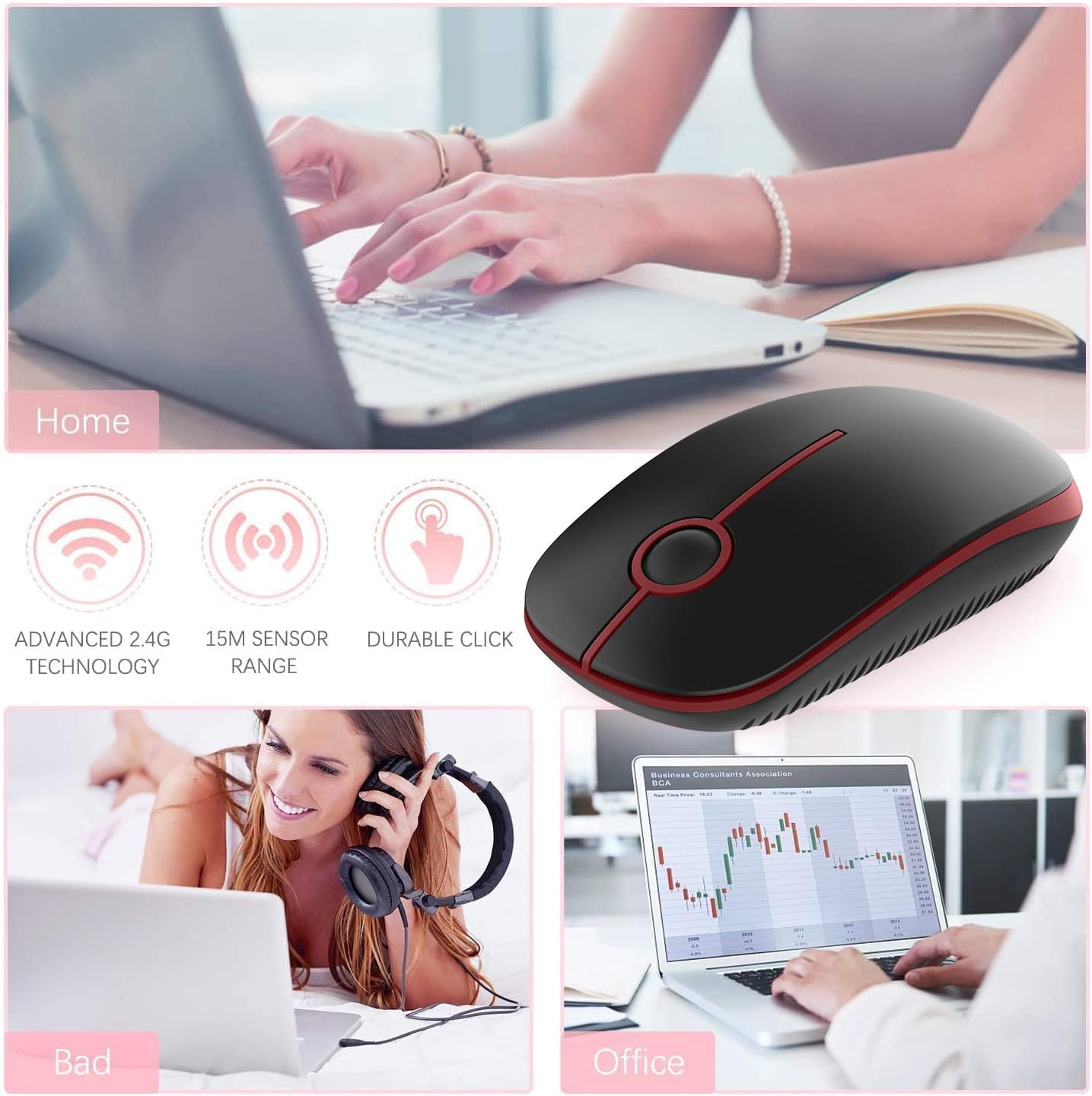 VssoPlor Wireless Mouse, 2.4G Slim Portable Computer Mice with Nano Receiver for Notebook, PC, Laptop, Computer-Black Green+Black Wine Red
