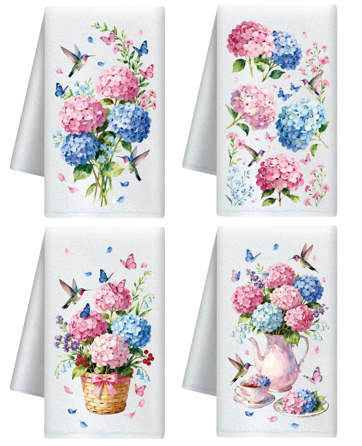 CUTHOLLOW 4Pcs Hydrangea and Hummingbirds Kitchen Towels Cute Tea Towels — image 1