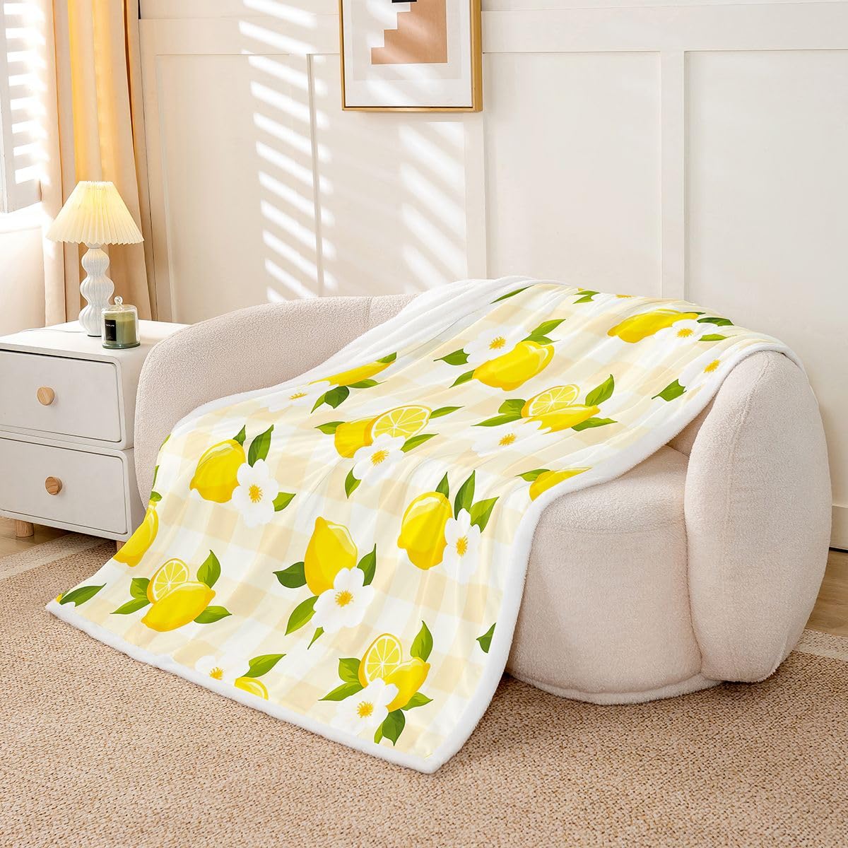 Homewish Zitrone Decke für Sofa Cartoon Zitrone Fleecedecken Zitrusfrucht Geometrisches Gitter Kuscheldecke Flauschig 150x200cm Creme Gelb Couch Fleece Decke