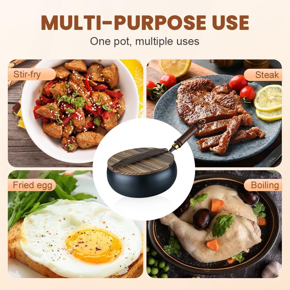 Suntuup Japanese Iron Pan, Uncoated Thick Iron Pot, Suitable for Pots On Electric Stoves, Induction Cookers And Gas Stoves (Medium-wood Lid)