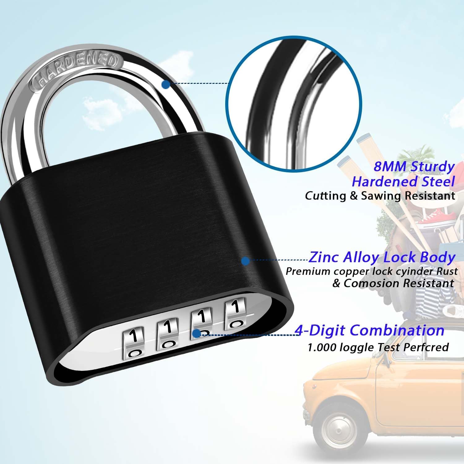 4-Digit Combination Lock, Heavy Duty Padlock Metal, Outdoor Alloy Locks with Hardened Steel Shackle, High Security Weatherproof Large Padlocks for Gym, School, Locker, Fence, Gate, Hasp, Case-Black
