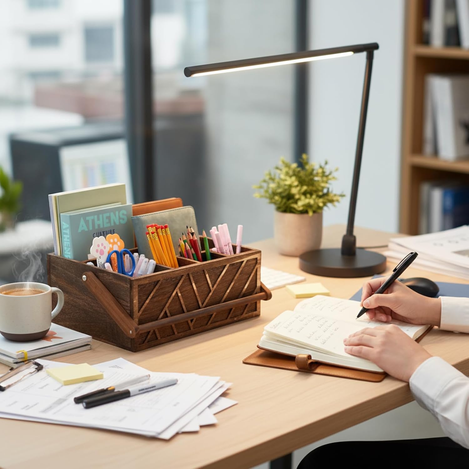 LemonRoad 13 Inch Rustic Silverware Caddy with Handle Wooden Flatware Utensil Holder Paper Plate and Silverware Caddy Organizer Cutlery Holder for Kitchen Countertop Picnic Cups Forks Napkins(Brown)
