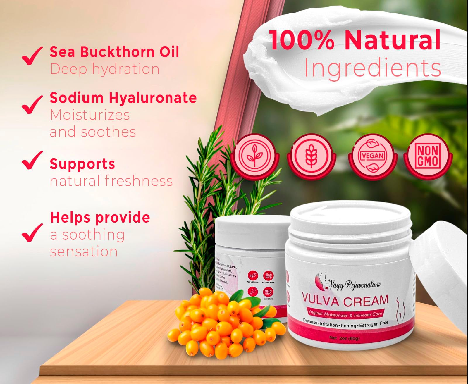 Vagy Rejuvenation Vulva Cream – Hydrating Vulva Moisture Cream for Women – Soothes Vaginal Itch, Alleviates Vaginal Dryness – Natural Vagina Cream with Sea Buckthorn & Hyaluronic Acid