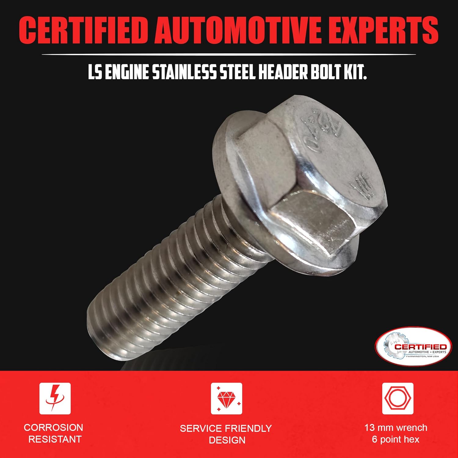 CAE LS Series Exhaust Header Manifold Bolt Kit, 12 Piece Stainless Steel for 4.8L, 5.3L, 5.7L, 6.0L, 6.2L Engines