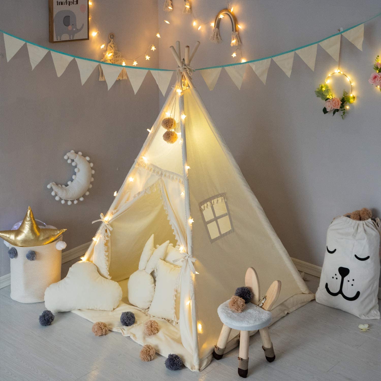 Teepee Tent with Star Lights & Carry Case, Luxury Lace Washable Foldable Toddler 100% Cotton Play Tent for Indoor Outdoor Party Girls & Boys, White