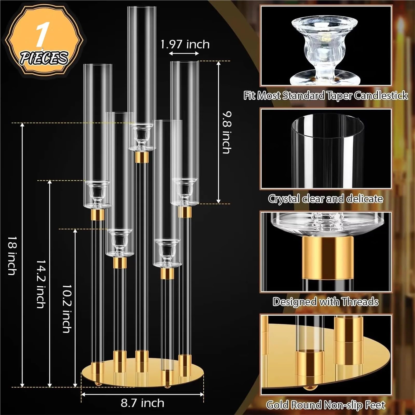 Portavelas Candelabros de Mesa Transparentes de Cristal de 5 Brazos con Pantalla