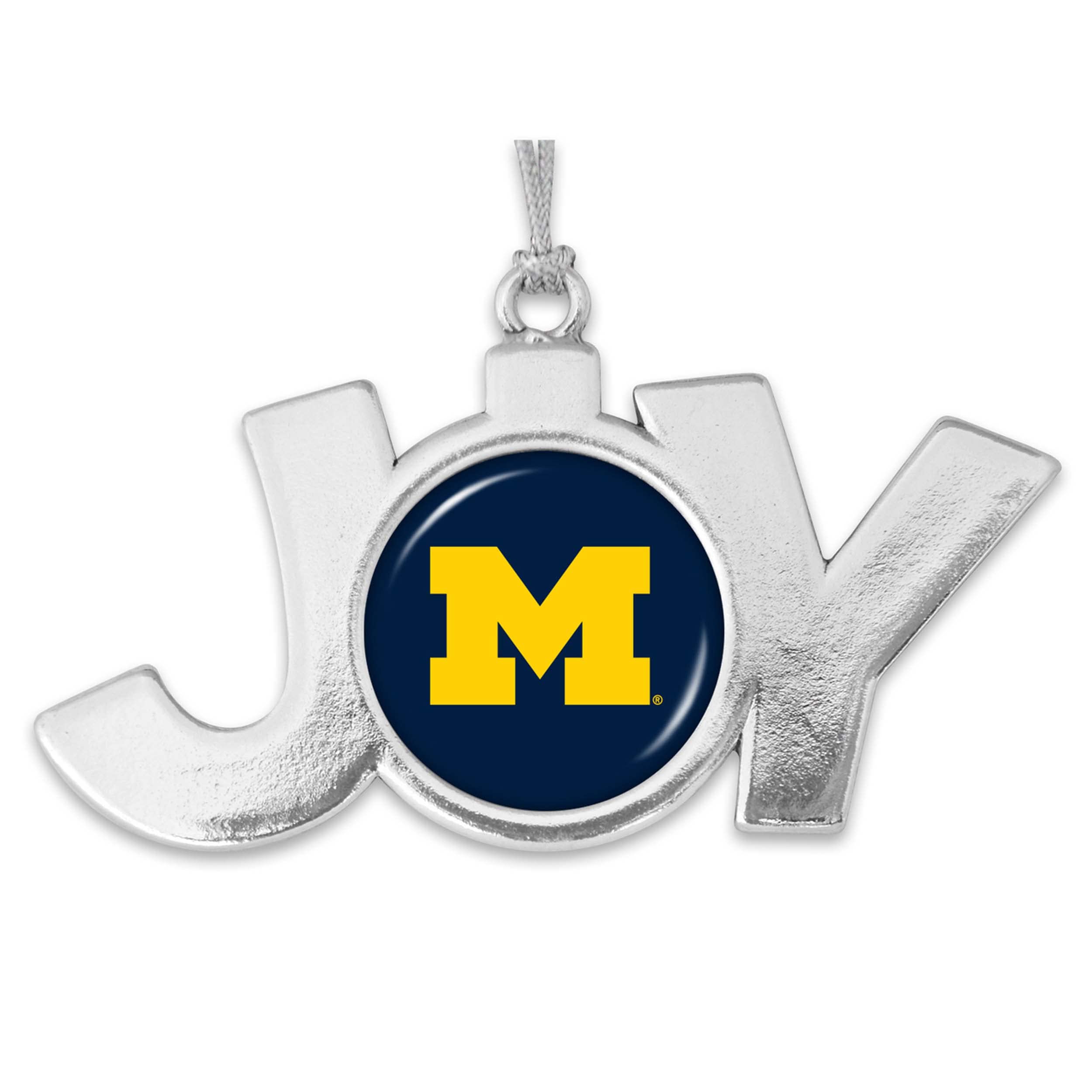 Michigan Wolverines Joy with Team Logo Silver Metal Christmas Ornament Gift Tree Decoration UM