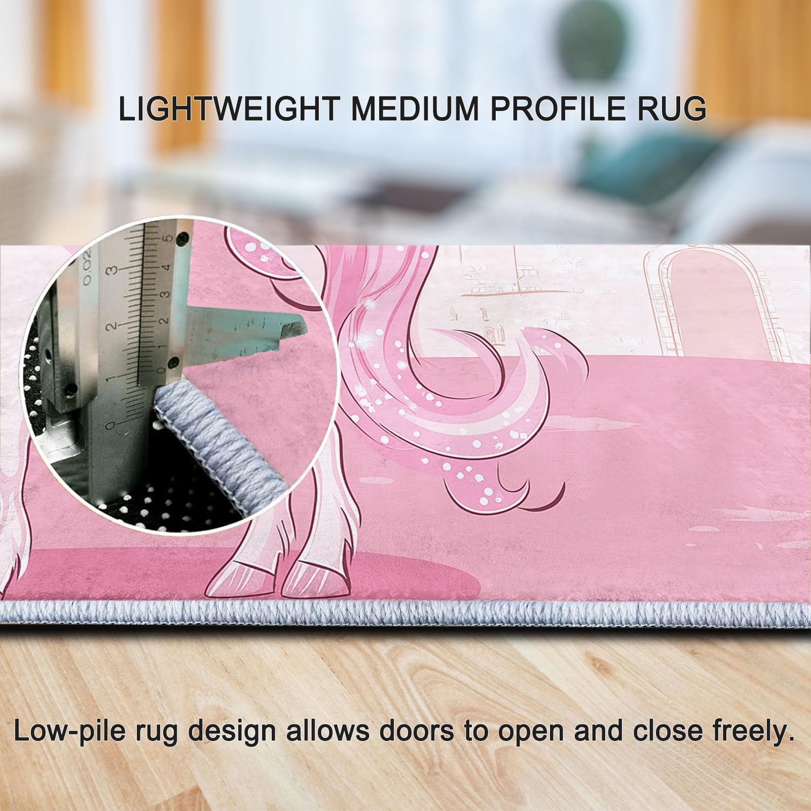 Generisch Teppich Cartoon Schloss Einhorn rutschfest Waschbar Teppich,90 x 150 cm Druck Teppich für Dekoration Schlafzimmer Kinderzimmer Wohnzimmer Kurzflor Rosa Teppich