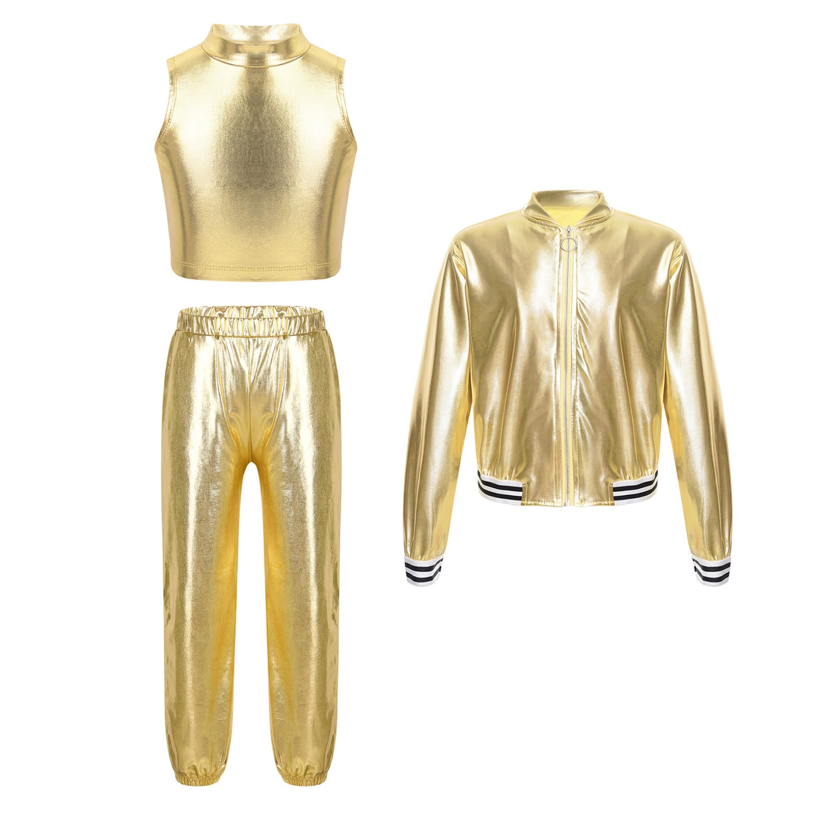 Freebily Tuta Sportiva da Ginnastica Artistica Bambina 3 Pezzi Completo Sportivo da Allenamento Ballo di Strada Danza Moderna Lucido Giacca Sportiva + Crop Top + Pantaloni