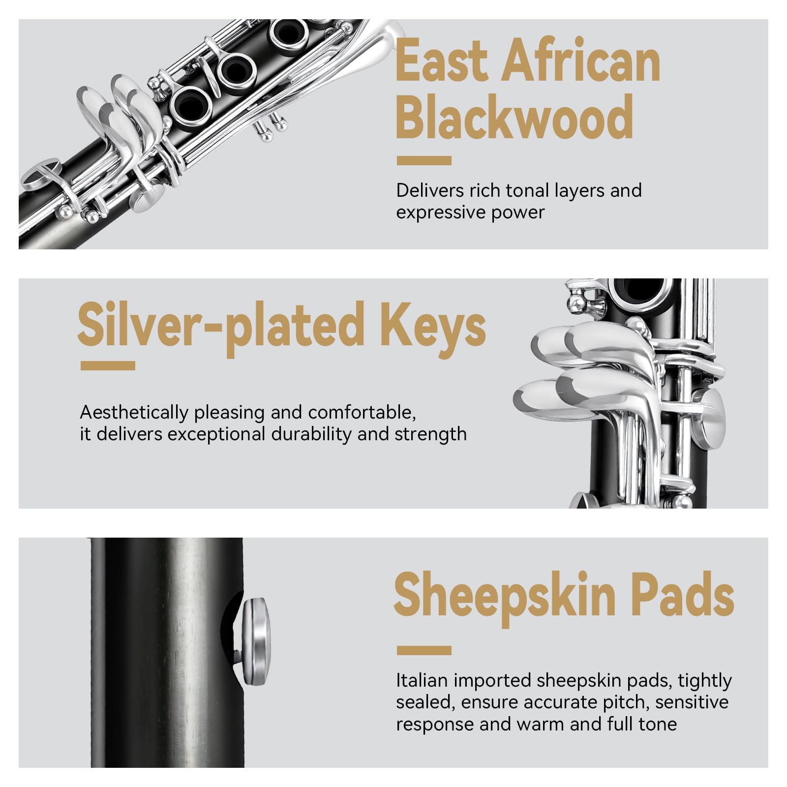 ROWELL 17 Key Bb Clarinet with African Blackwood Body & Italian Pads Professional Rich Tone for Beginner & Intermediate Students Includes Case, Mouthpiece, Reeds & Clean Kit