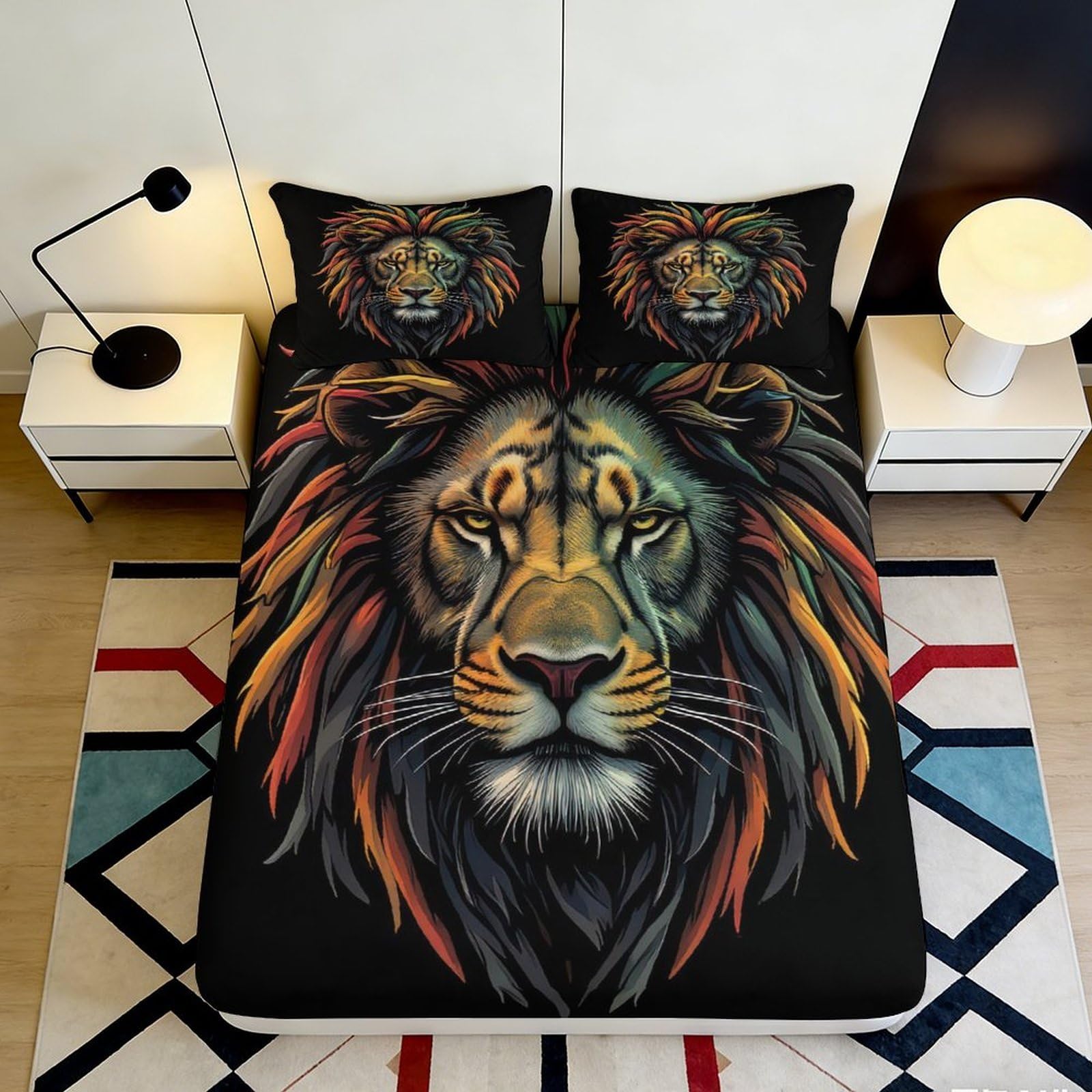 Pnayamiorkfel Style-9 3D Printed Colorful Lion Head Fitted Sheet Microfiber Soft Bed Cover For Bedroom Guest Room Dorm Mattress Decor 90X200x25cm