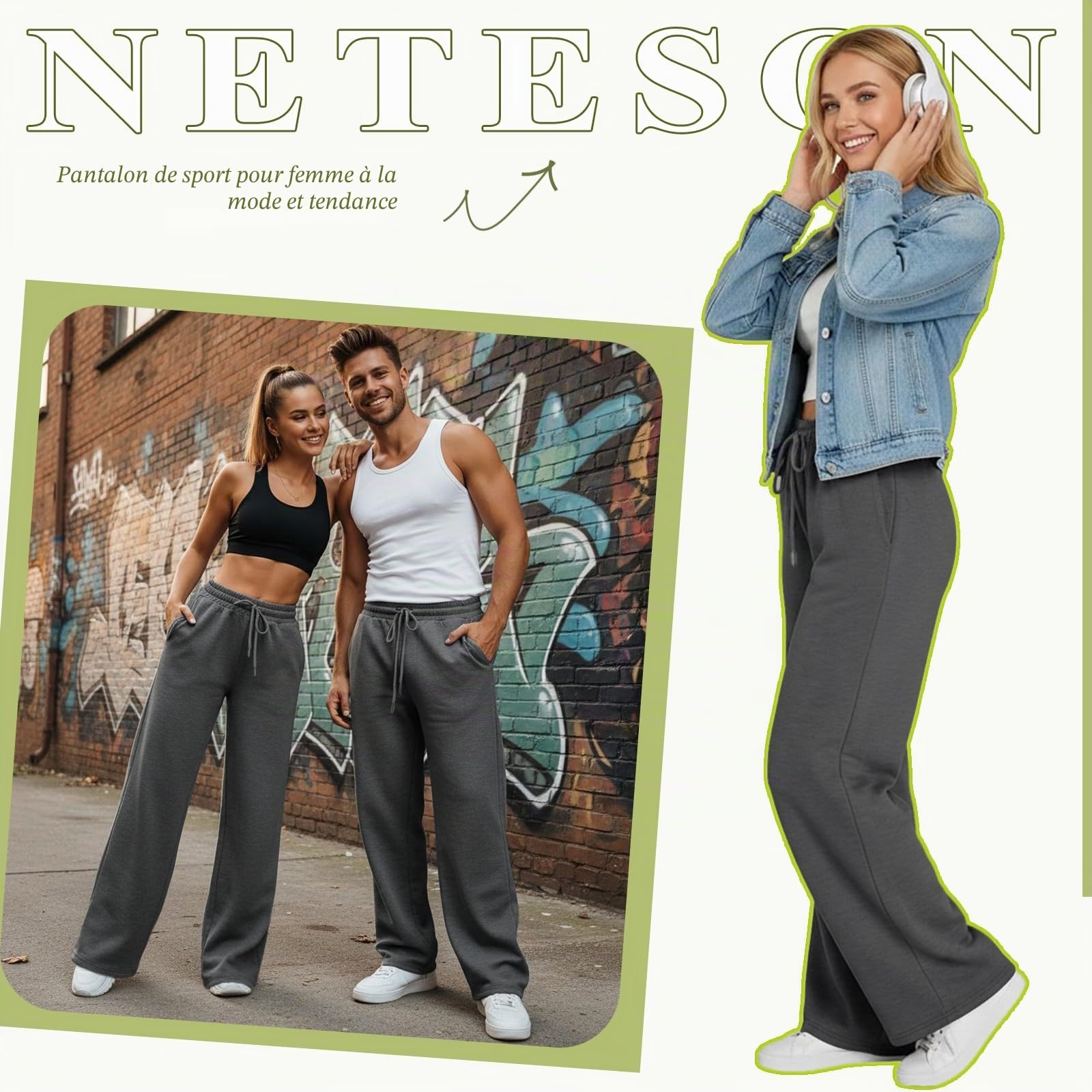 Pantalon Jogging Femme Pantalon de Sport Large en Bas Pantalon de Décontracté Baggy Pantalon de Survetement avec Poches pour Running Fitness Training Yoga