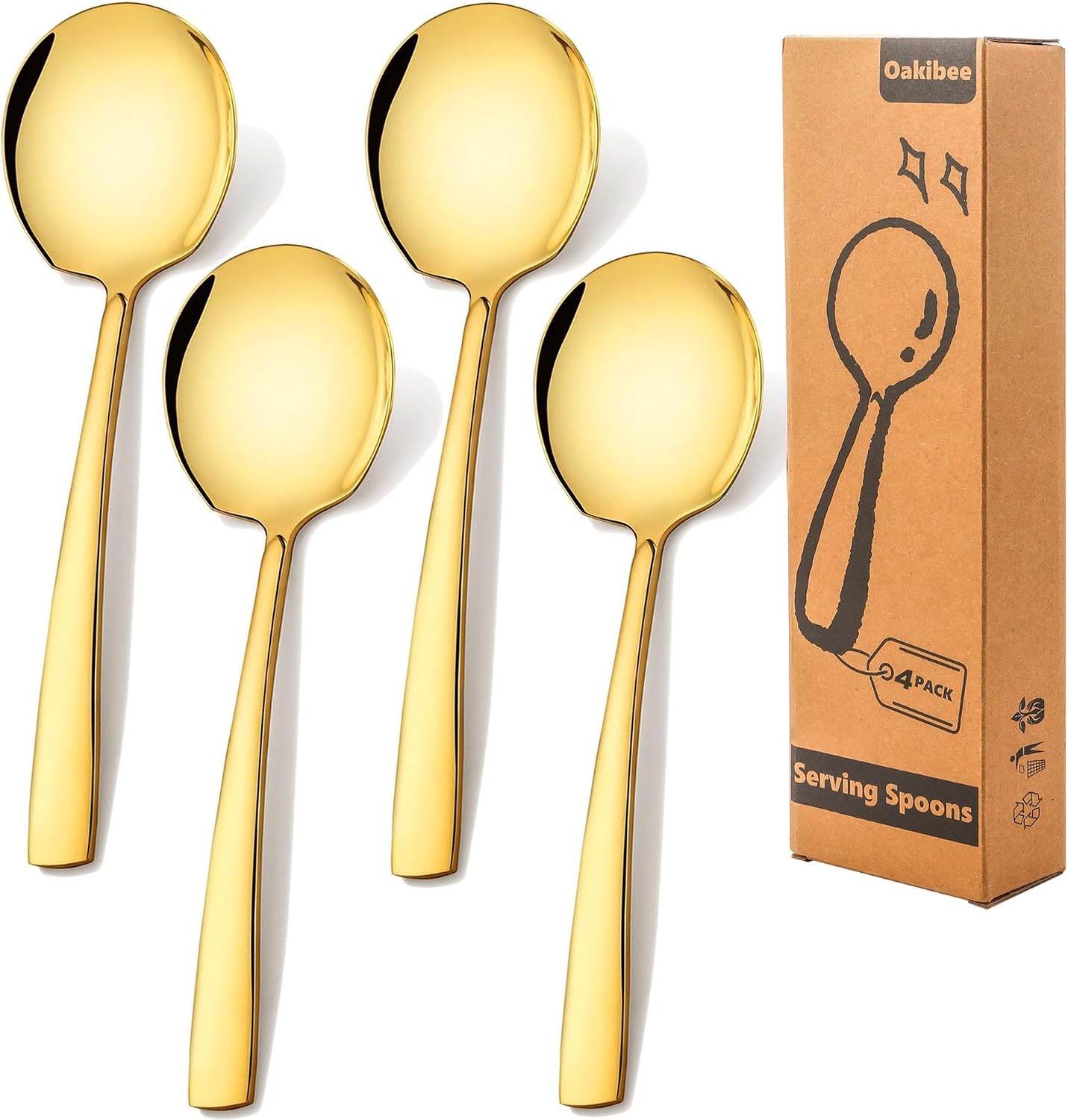 Stainless Steel Serving Spoons Large 9.2-Inch Gold Serving Spoon 4-Piece Big Serving Utensil Set for Buffet, Parties, Catering - Dishwasher Safe(4-Pieces, Gold)