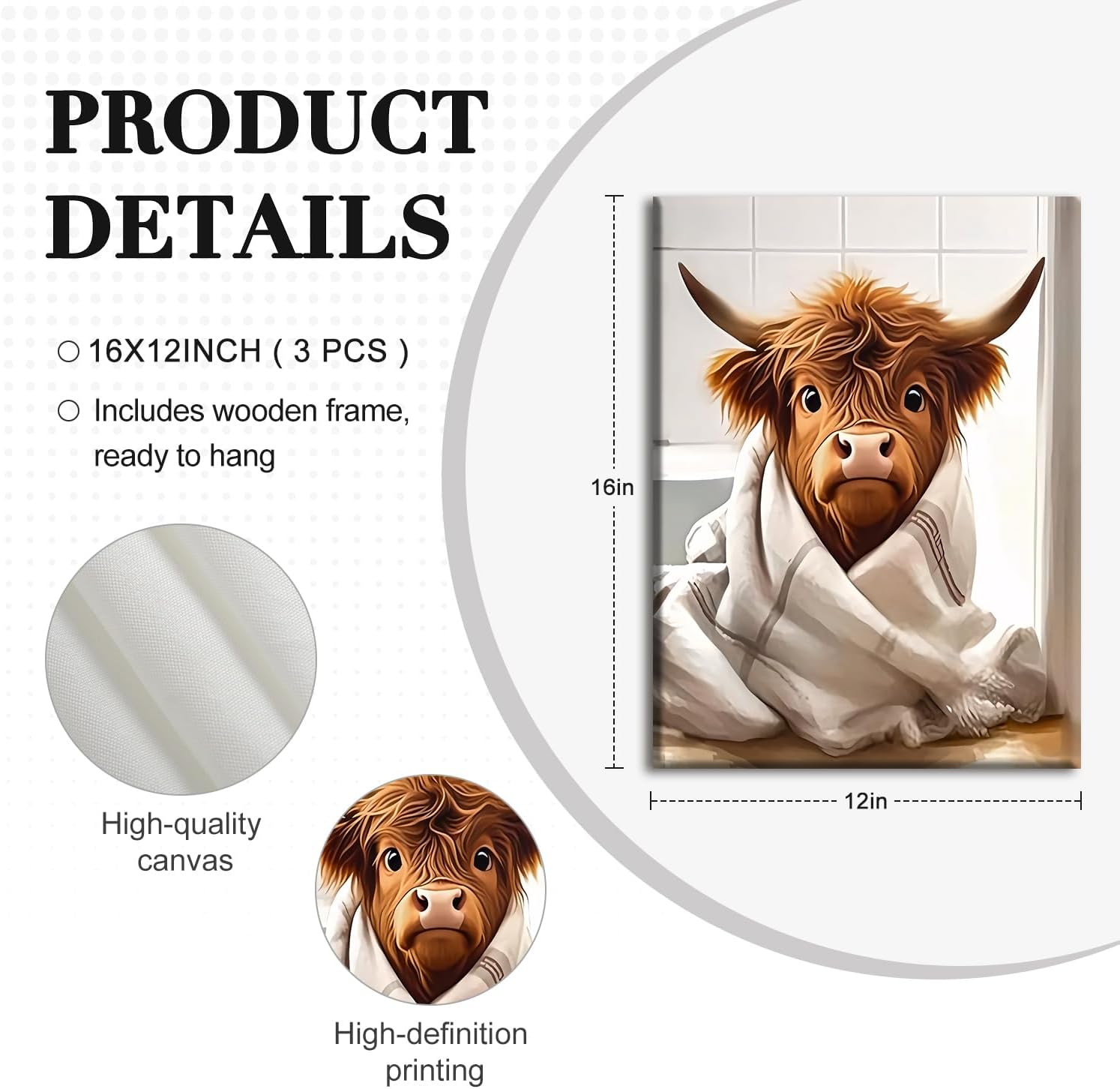 NCCXNCC 3pcs Cute Highland Cow Bathroom Canvas Wall Art Fun Brown Cow Wall Decor Artwork Country Farmhouse Humorous Animal Poster Print Picture Suitable for Bathroom Toilet 12x16 inch Framing