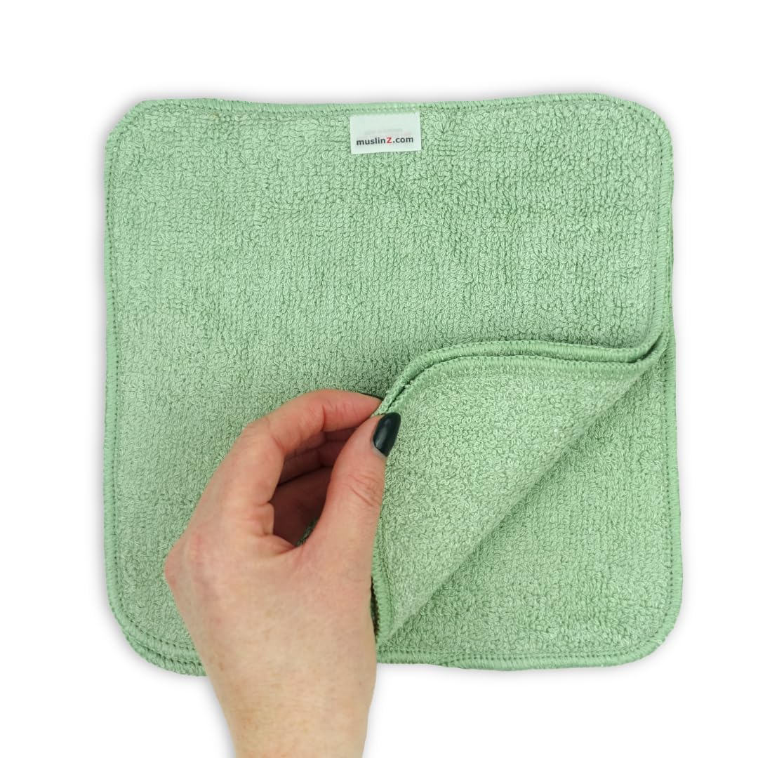 MuslinZ Salviette in spugna di cotone e bambù, 20 x 20 cm, lavabili, riutilizzabili, ecologiche, colore: verde salvia