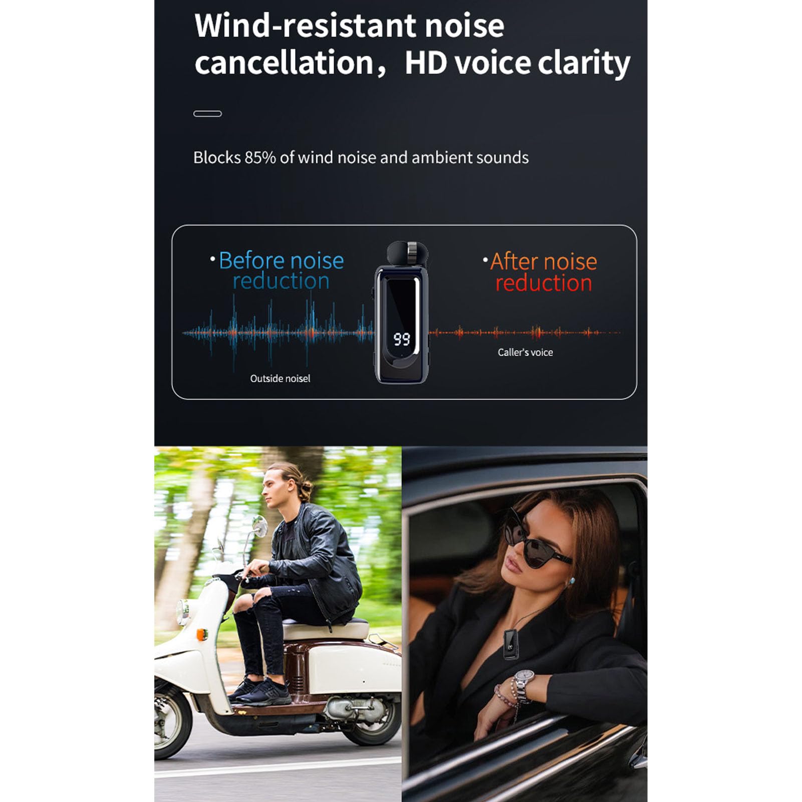 Tosuny Cuffie Wireless Retrattili, Cuffie Lavalier Bluetooth 5.4 con Microfono a Cancellazione del Rumore ENC, Display di Alimentazione a LED, Cuffie Intrauricolari Monoorecchio per la (BLACK)