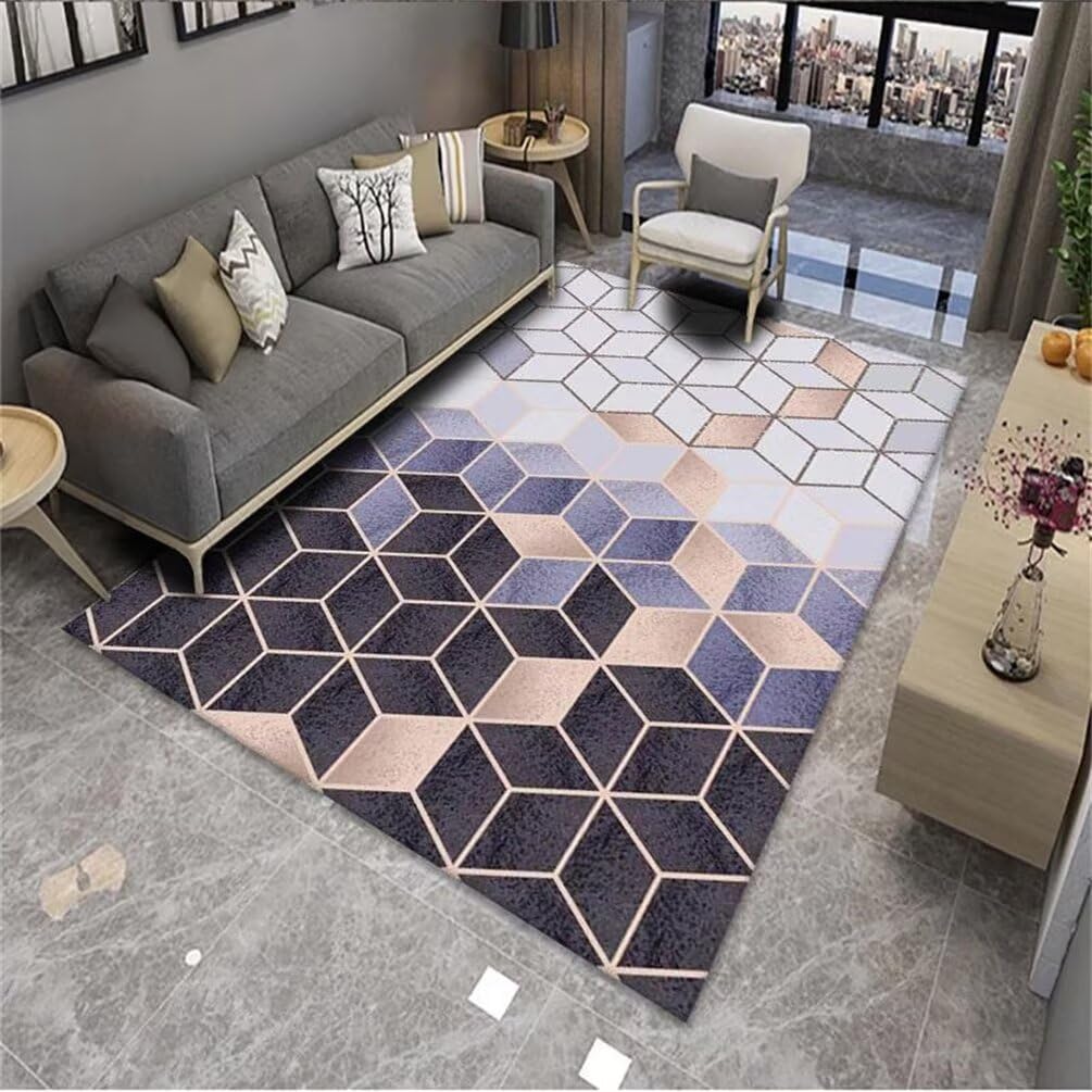 Tapis géométrique bleu 180x230cm grand salon et intérieur maison moderne
