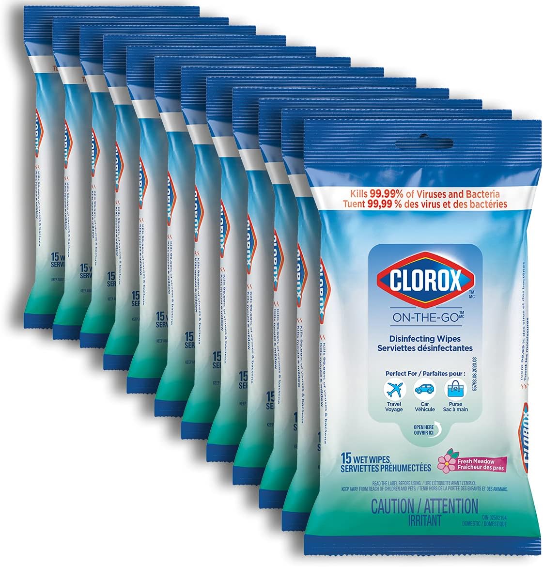 Clorox On-The-Go Disinfecting Wipes, Fresh Meadow, 15 Count, Multi-Pack of 12 Sachets