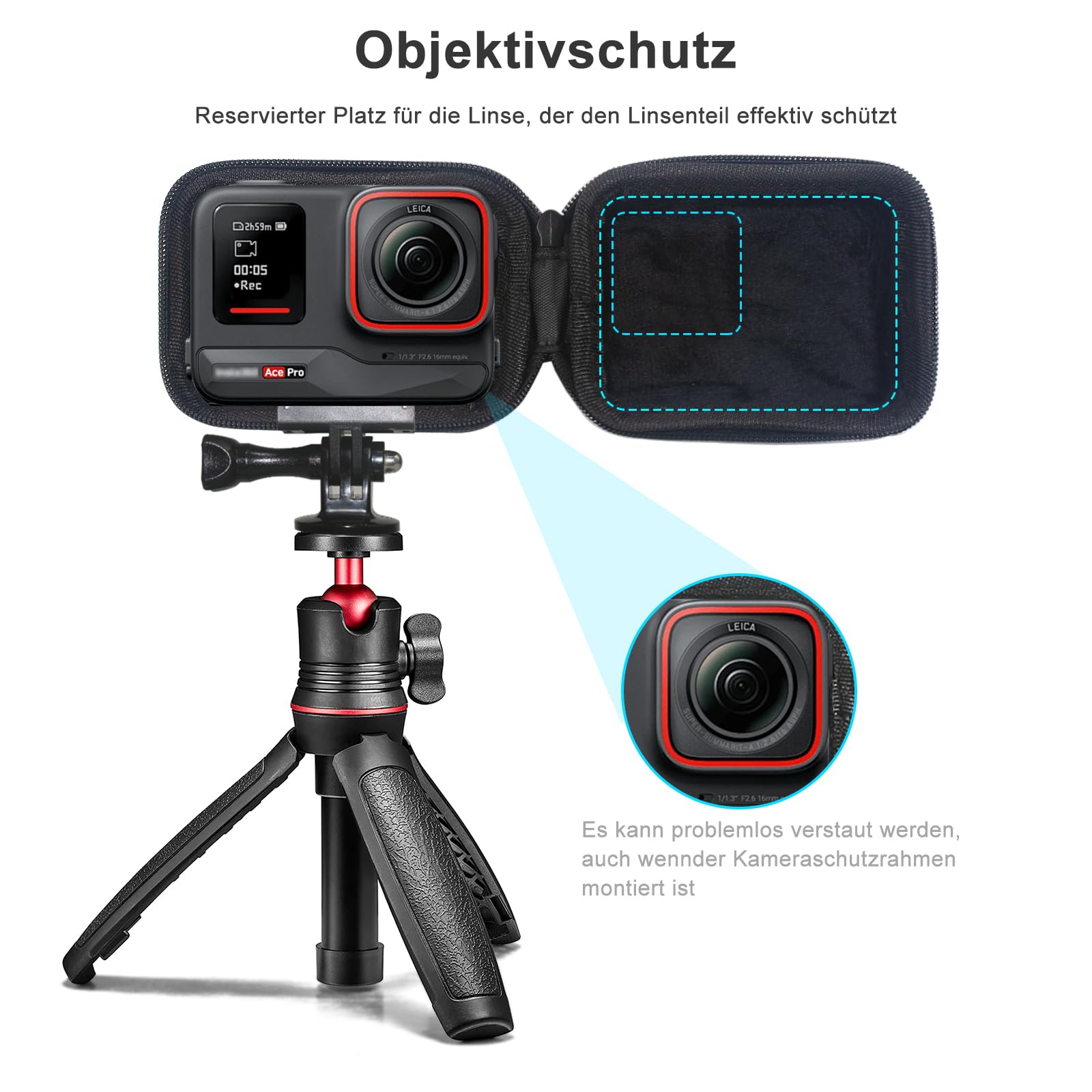 FiTSTILL Schwarze PU-Mini-Aufbewahrungstasche für INSTA360 ace pro 2/ace pro/ace/go Ultra Tragbares Design mit Doppelreißverschluss, Zubehör für Ace Pro 2/Ace Pro/Go Ultra