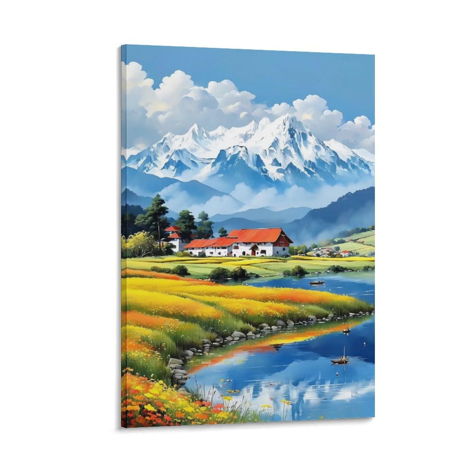 IEJKLUVWX Golden Terraced Fields Wall Pictures Snow Mountain Homestead Fade-Resistant Easy to Install Moisture Resistant for Dorm Room Sofa Background Gift Buyer Original 20x30inch(50x75cm)