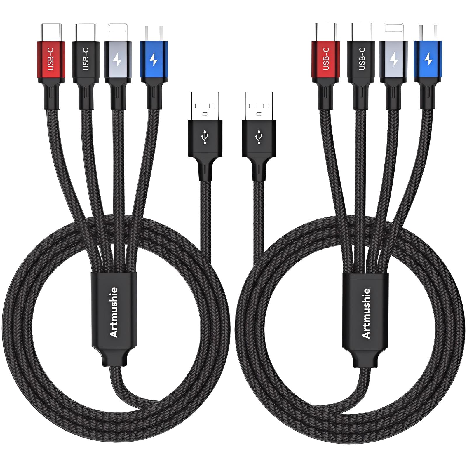 Cable de carga múltiple 4 en 1, 6.5 pies, paquete de 2 – Conectores múltiples USB-C y micro USB – Cable de carga para Android, iPhone 15/16, portátiles, tabletas y más (paquete de 2 USB-A