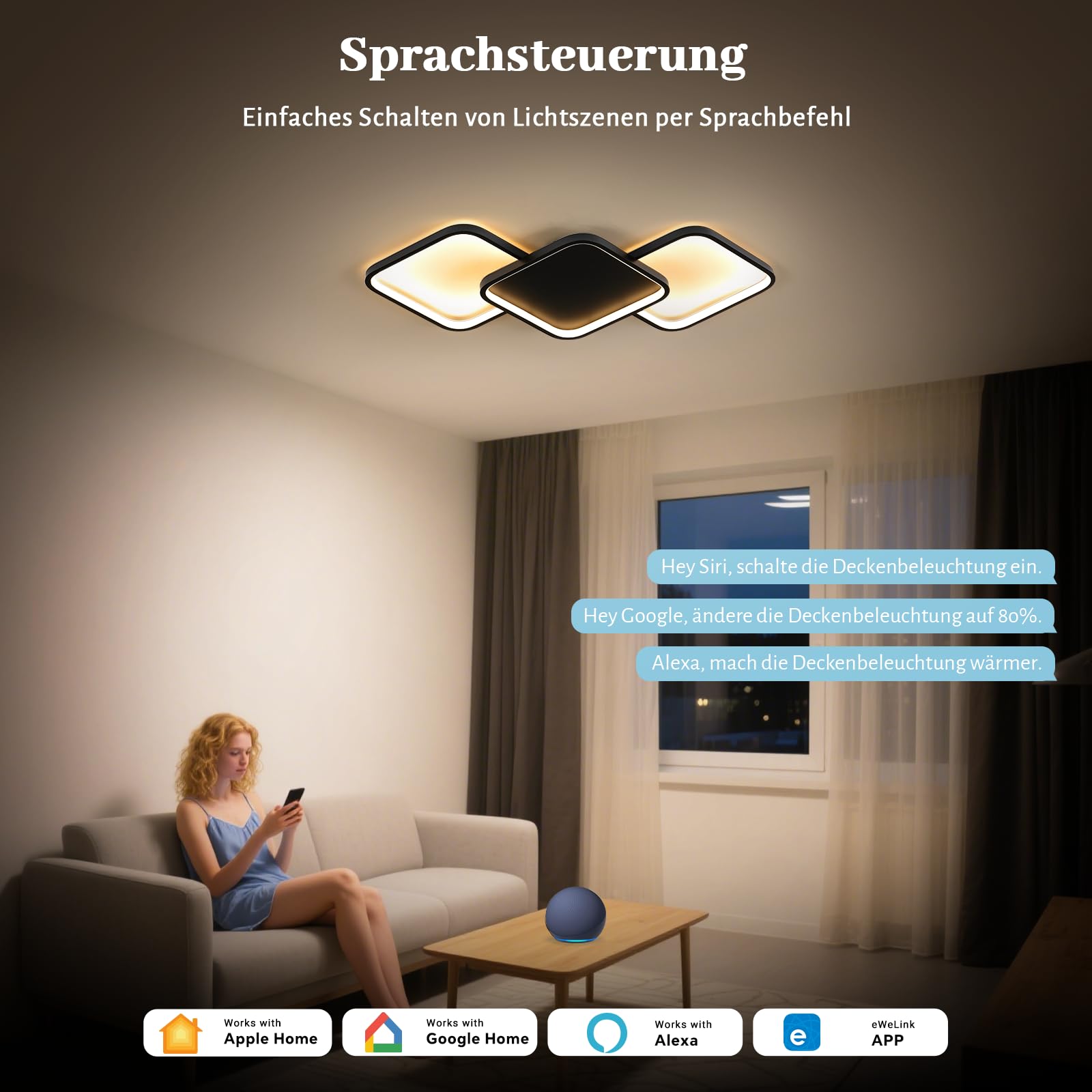 Sky angle Inteligentna lampa sufitowa LED, sterowanie głosowe Alexa/Google Home, możliwość ściemniania, oświetlenie LED do salonu, sypialni, łazienki, kuchni