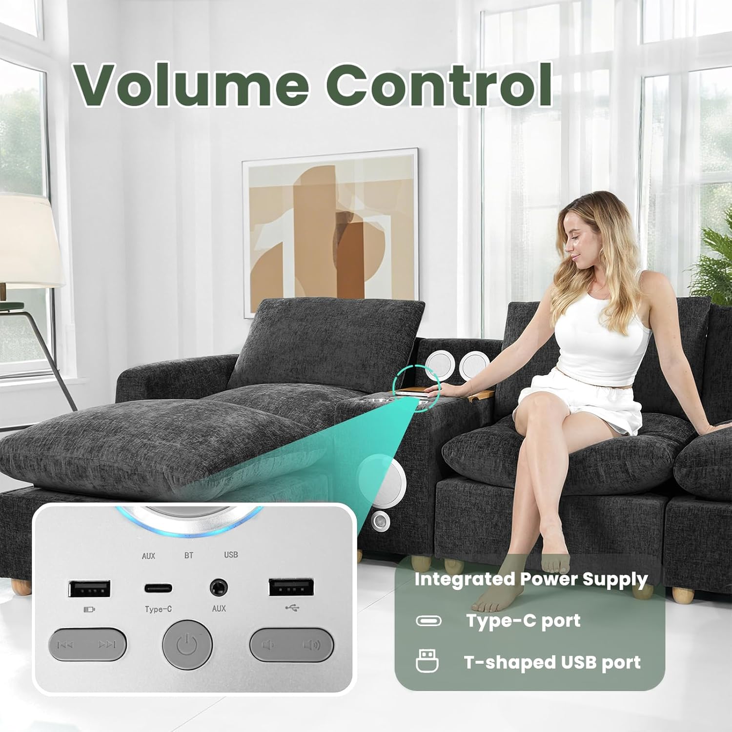 Brelice Modular Sofa Console with Wireless Charging & Bluetooth Speaker - All-in-One Armrest Organizer with Wired Charging, Storage Tray, Volume Control for Sectional Couch, Living Room - Image 3