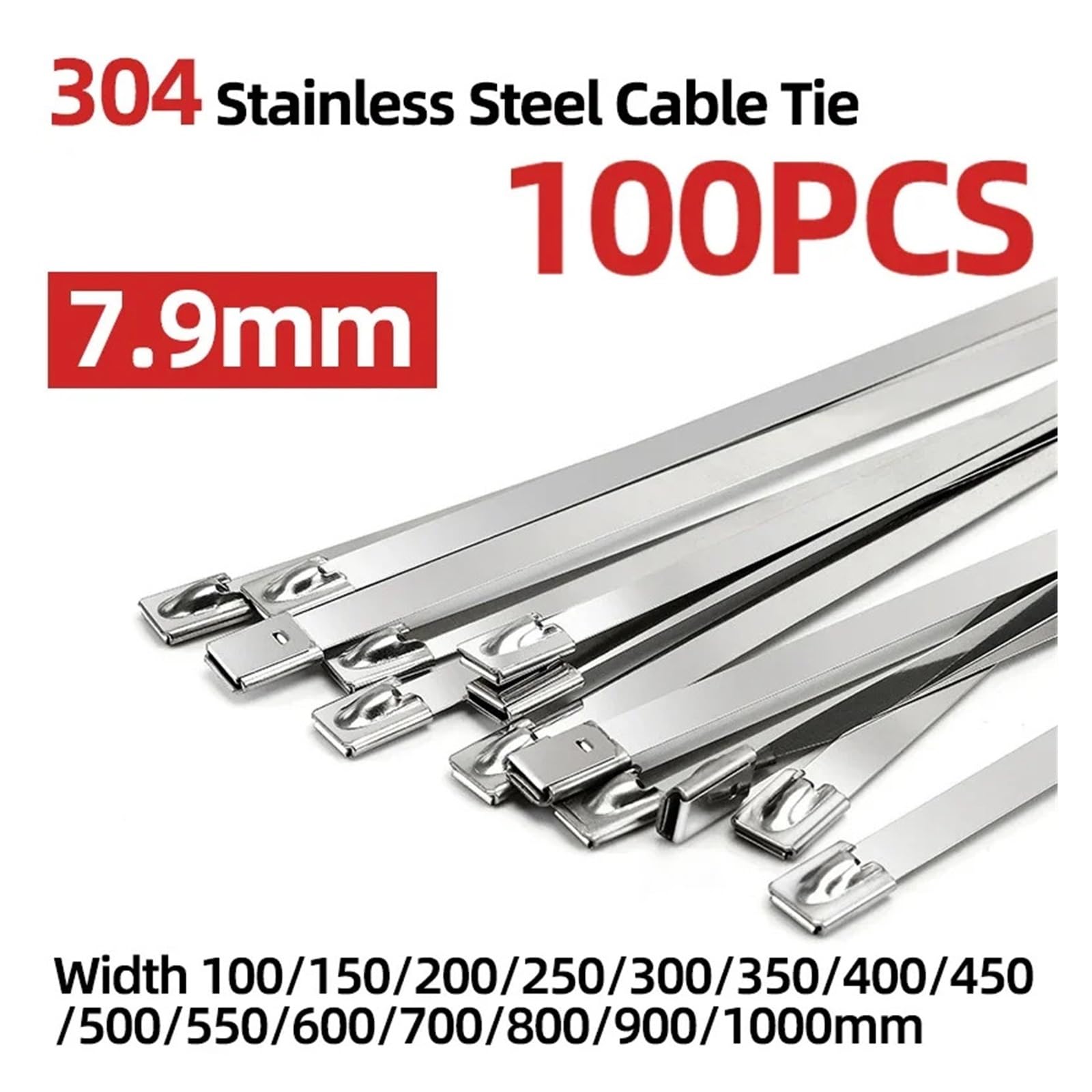 Fascette metalliche in acciaio inossidabile da 100 pezzi, larghezza 7,9 mm, fascette fermacavi rivestite con involucro di scarico da 100-1000 mm, multiuso per cavi(7.9x900mm)