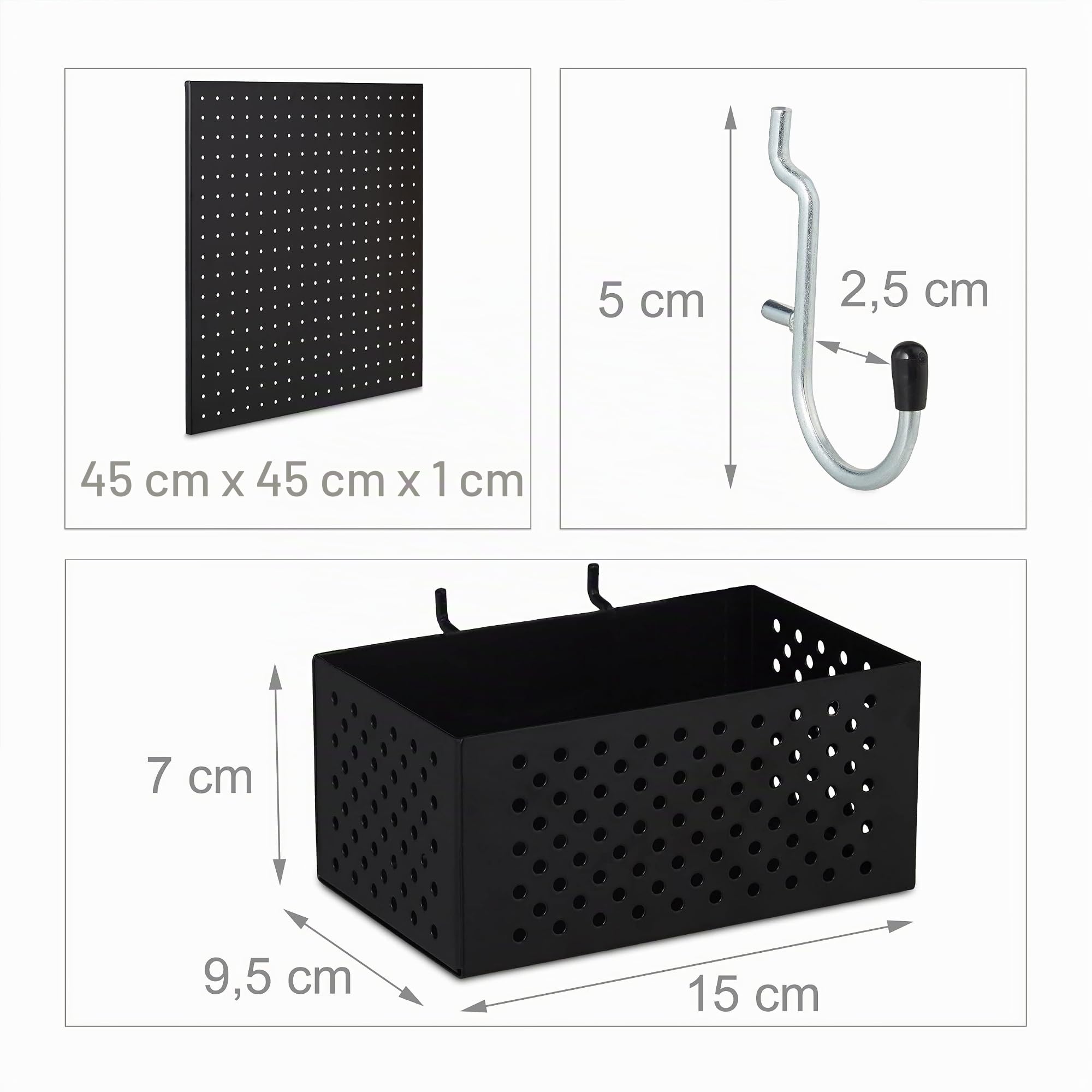 Relaxdays Pannello Portautensili con 9 Accessori, Parete con Ganci Porta Utensili e Fori, Parete Banco da Lavoro, Nero