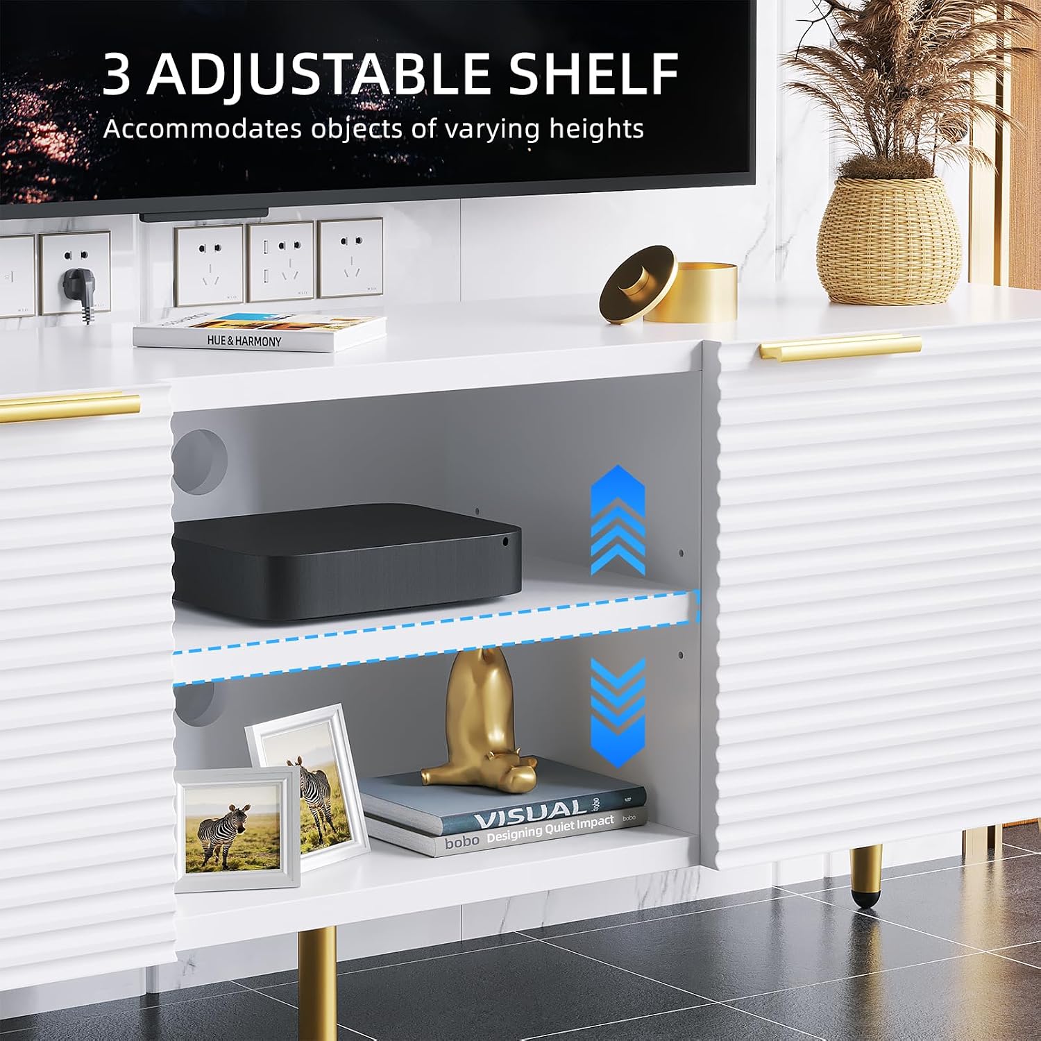 Betterhood TV Stand for 55 Inch TVs, Modern TV Console for Living Room Bedroom, TV Media Stand with Adjustable Shelf, Wood Entertainment Center with Storage Cabinets (White and Gold, Fluted Pattern)