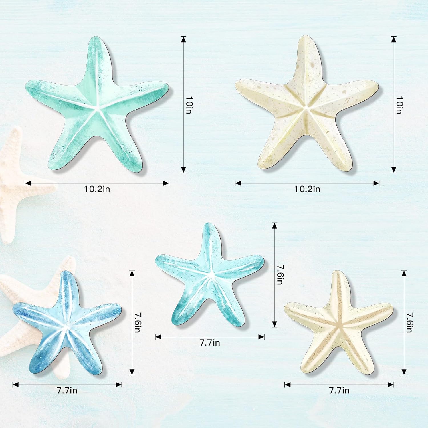 KOYILTD 5 Pcs Beach Wall Art Coastal Nautical Starfish Wall Decor Natural Wood Finish Wall Hanging Home Decor for Bathroom Living Room Patio, Flat Not 3D Artificial Starfish (Unique) - Image 3