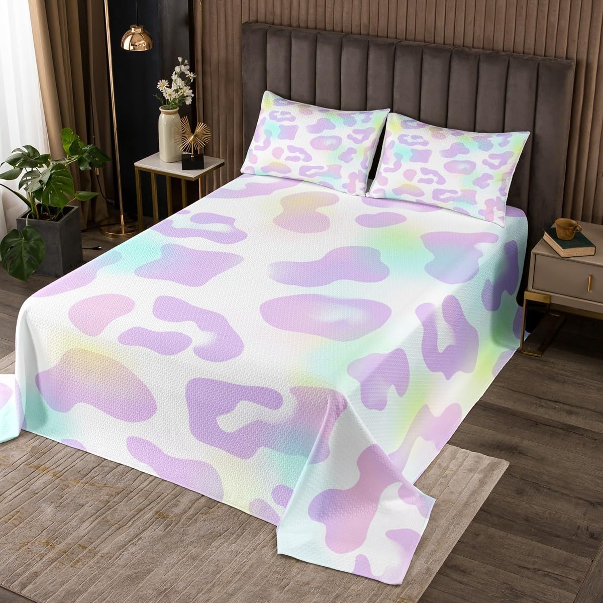 Erosebridal Leopard Print Quilt Set Pink Pastel Cheetah Bedspread Set 2pcs Animal Print Coverlet Twin Size Rainbow Galaxy Bed Cover Multicolor Tie Dye Bedding for Kids Girls Bedroom Decor
