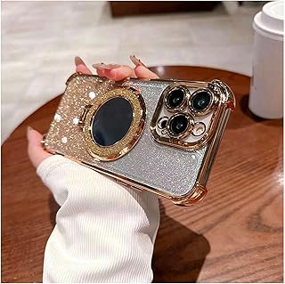 Women's Phone Case with Mirror & Stand for iPhone 17 Promax, Magnetic Kickstand Glitter Case for iPhone 17 Pro Max, with Camera Protector Makeup Mirror (Gold,12)