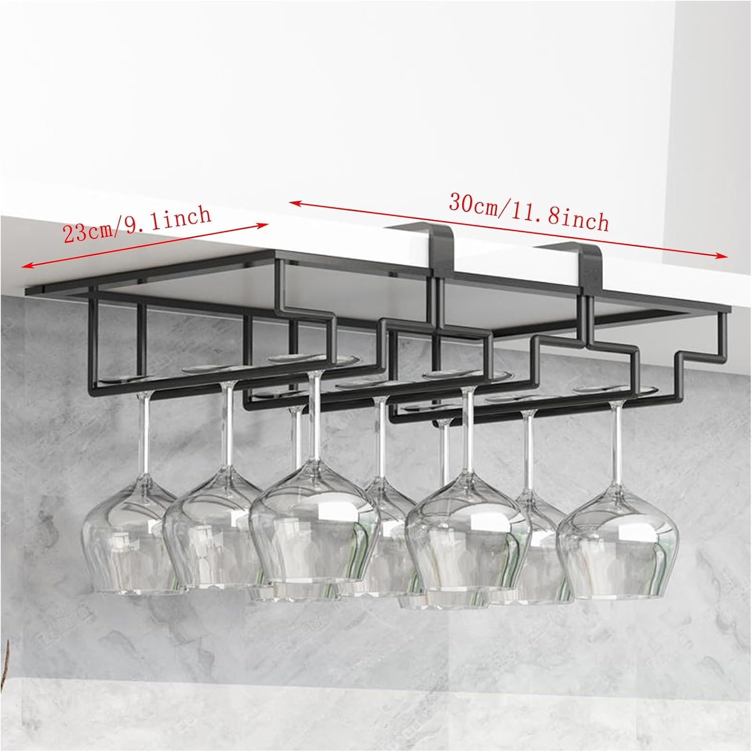 Metal Hanging Wine Glass Rack Holder Under Shelf Storage No Drilling for Cabinet and Bar Black (Size A)