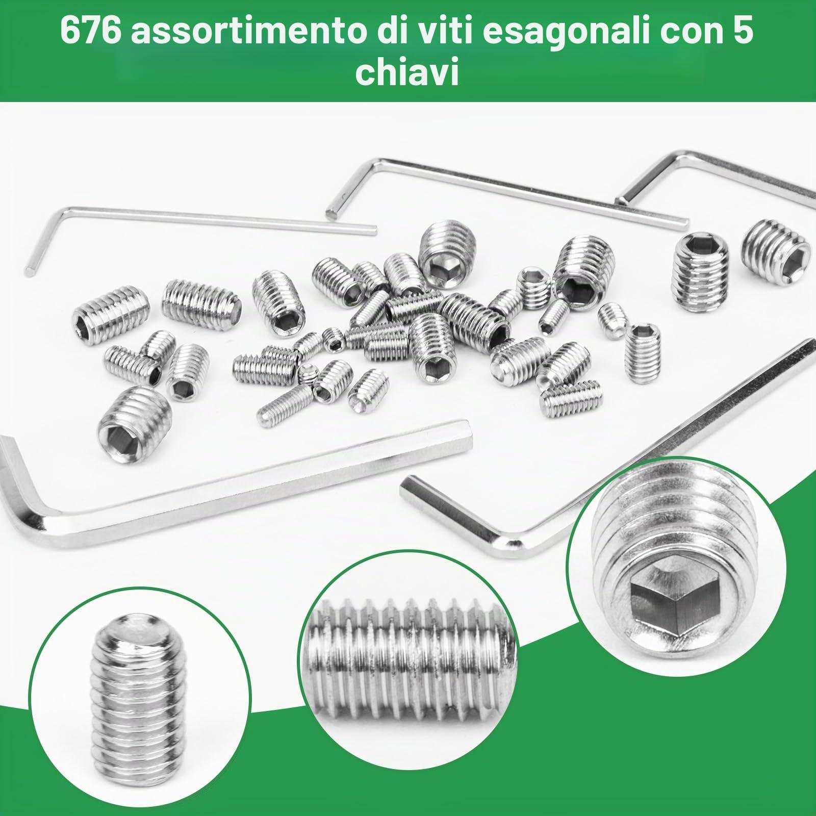 Foliv Set di 676 viti senza testa in acciaio inox M3 M4 M5 M6 M8 viti senza cavo/esagono incassato DIN 913, viti a testa esagonale con chiave inglese per maniglia della porta, maniglia della porta