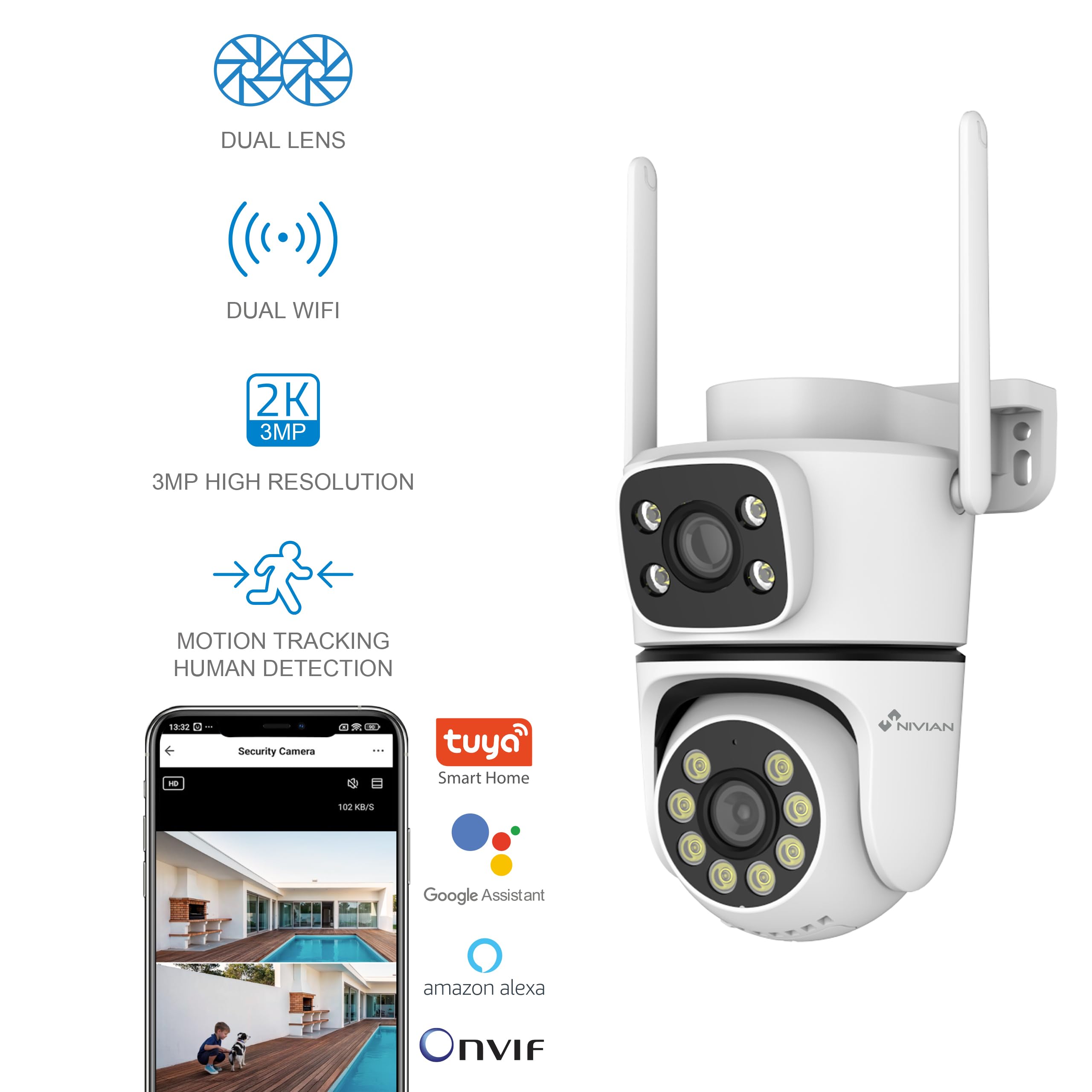 Telecamera di sicurezza esterna NVIIAN Dual 3MP SuperHD 2K WiFi con doppia lente – Nessun punto cieco, tracciamento automatico AI, audio bidirezionale, IP65, controllo tramite app Tuya (Bianco)