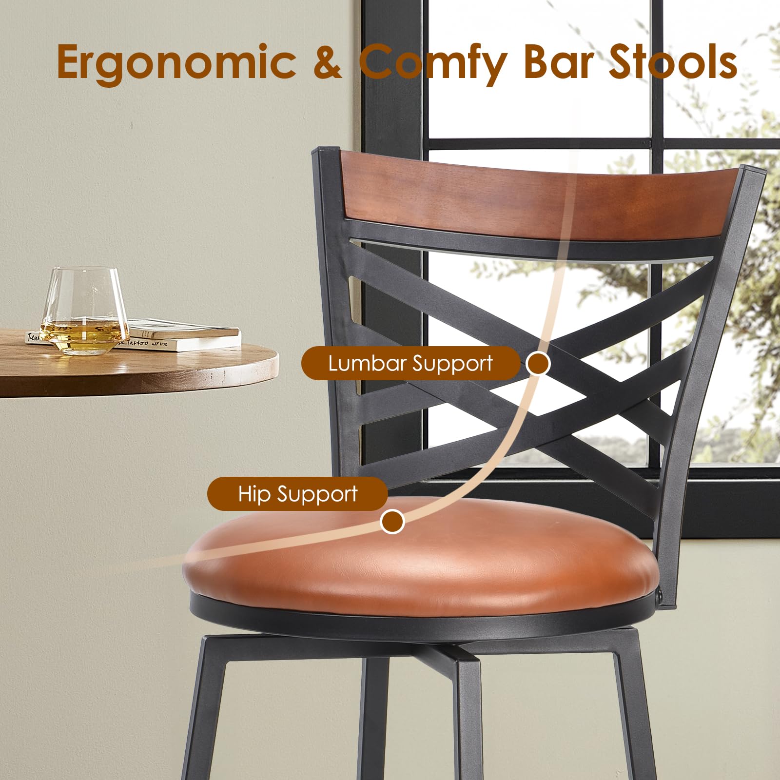 Farini Set di 2 sgabelli da bar girevoli in stile country con schienale e poggiapiedi, per cucina, bar, bar, bar, bar, altezza perfetta per qualsiasi bar