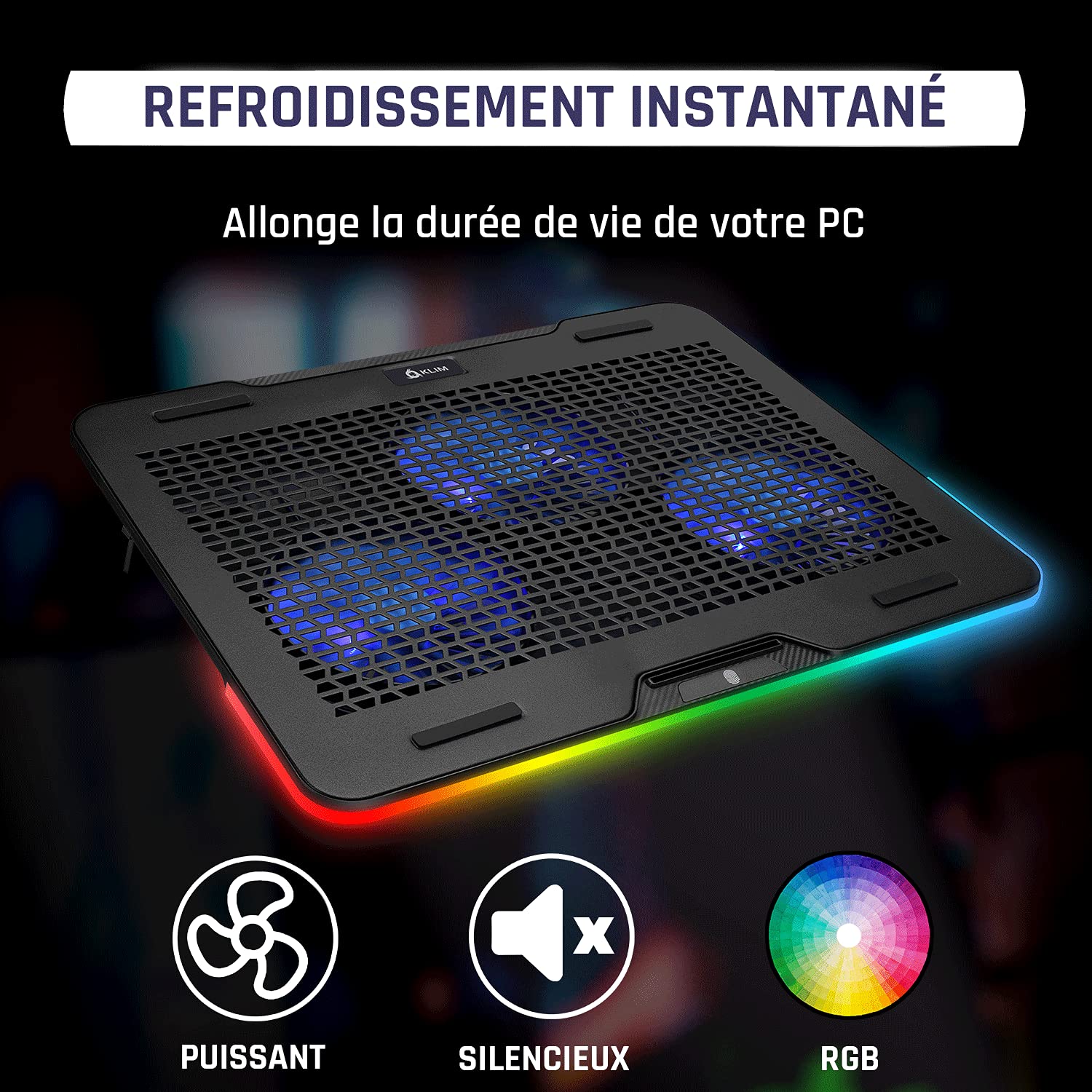 KLIM Aurora + Refroidisseur PC portable - 11" à 17" + Éclairage RGB + Support ordinateur portable gaming + Ventilateur USB + Stable et Solide + Compatible avec Mac et PS4 + NOUVEAUTÉ