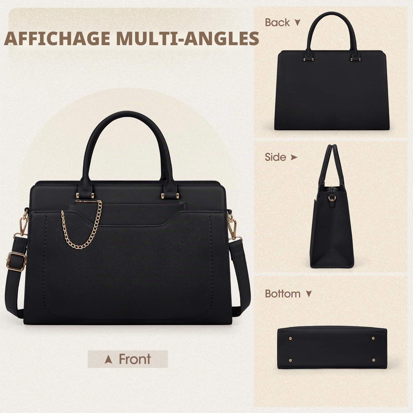 RAINSMORE Sac Cabas Femme Grand Sac A Main Pour Les Cours Lycee PU Cuir sac Fourre Tout Femme Sac Bandoulieres pour Cours Affaires Travail Noir