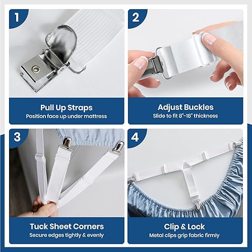 Miniatura 10 de FeelAtHome Clips para sábanas mantienen las sábanas en su lugar, bandas de esquina para sábanas bajeras, soportes de agarre para sábanas de colchón,
